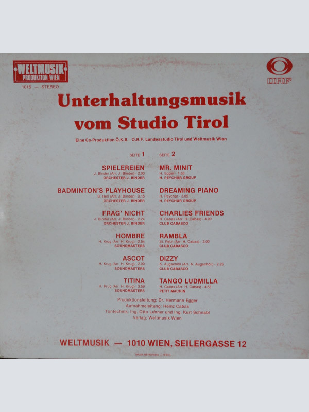 Vinyl / Various - Unterhaltungsmusik Vom Studio Tirol