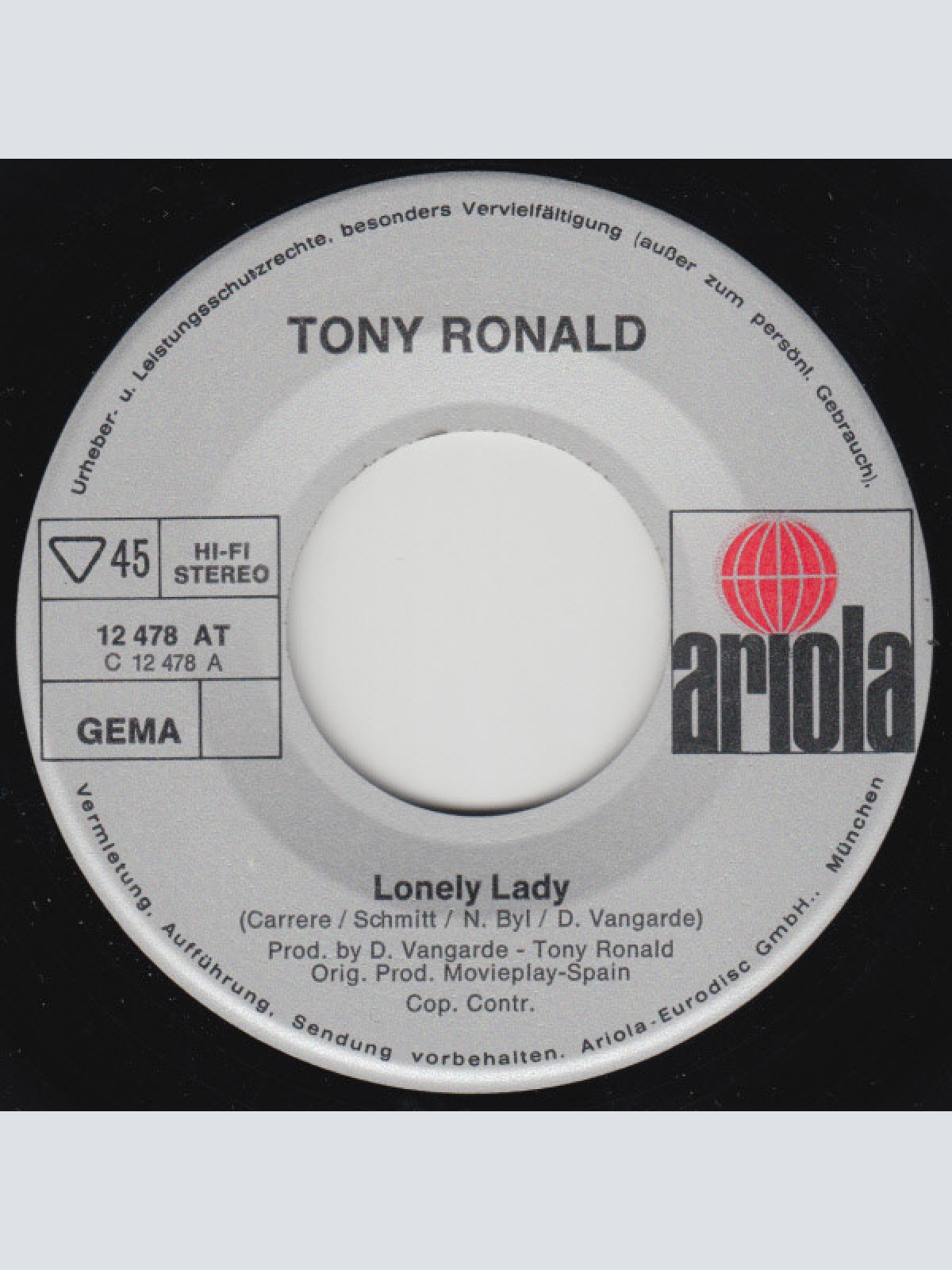 Vinyl / Tony Ronald - Lonely Lady