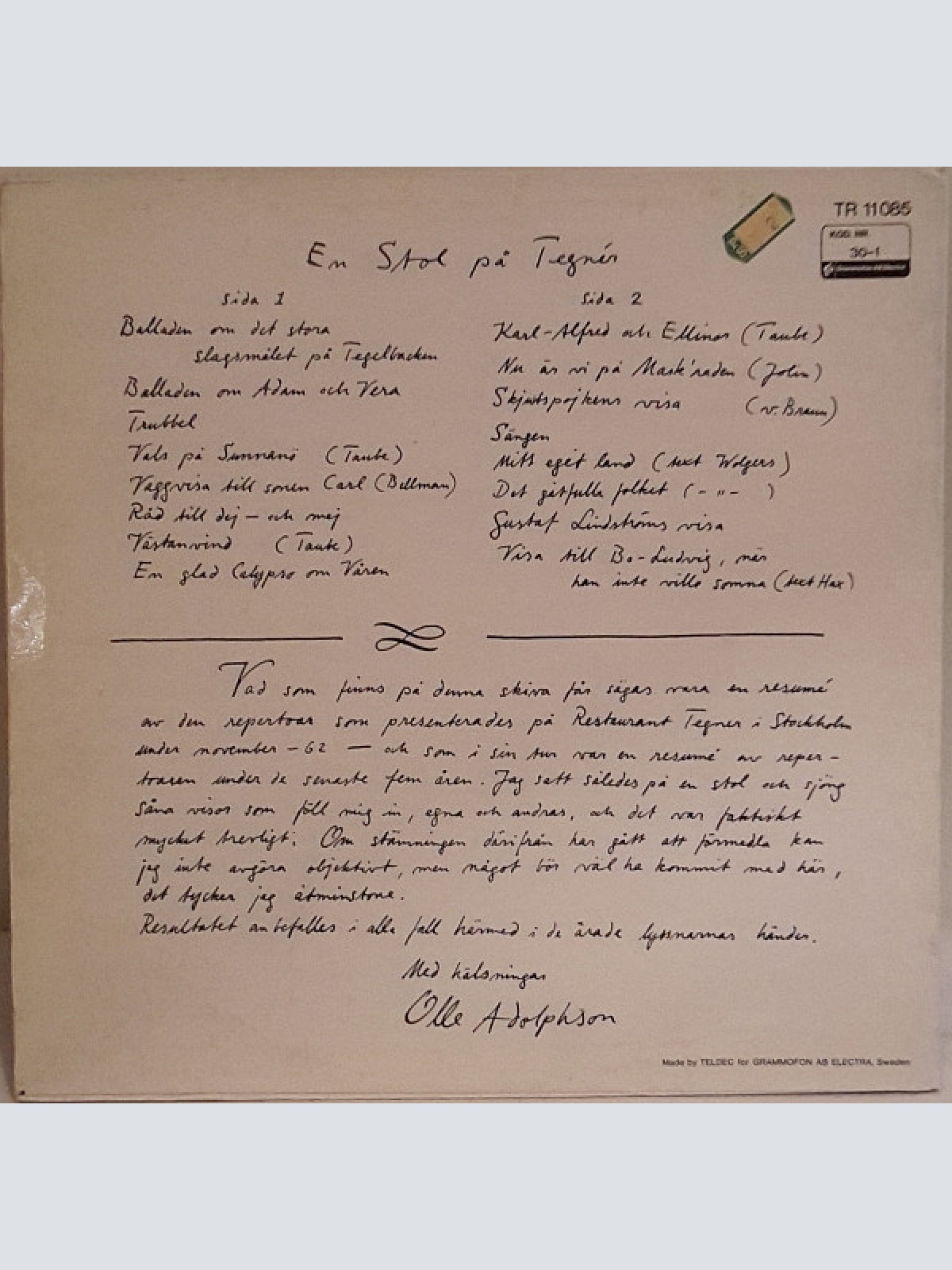 Vinyl / Olle Adolphson - En Stol På Tegnér