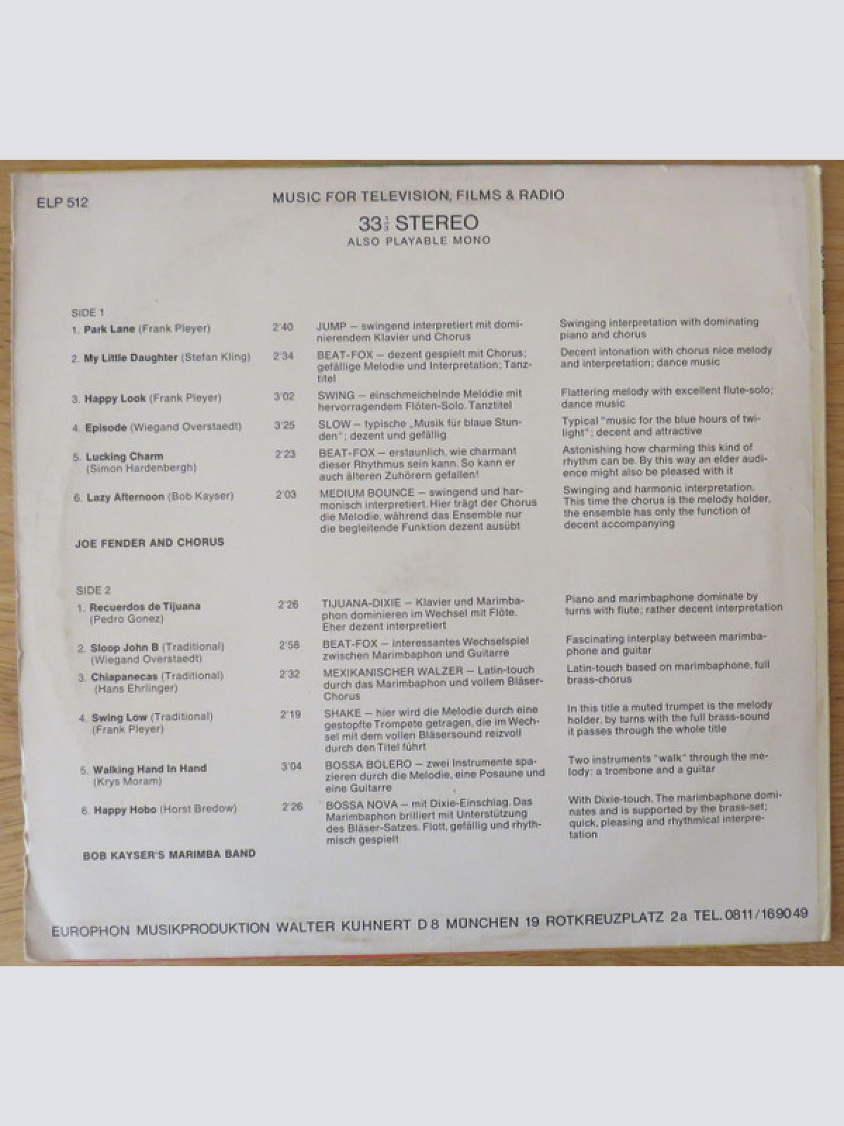 Vinyl / Joe Fender And Chorus*, Bob Kayser's Marimba Band - Joe Fender And Chorus / Bob Kayser's Marimba Band