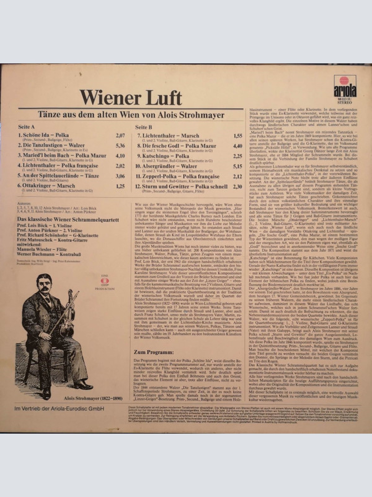 Vinyl / Das Klassische Wiener Schrammelquartett Ltg.: Lois Böck - Wiener Luft - Tänze Aus Dem Alten Wien Von Alois Strohmayer