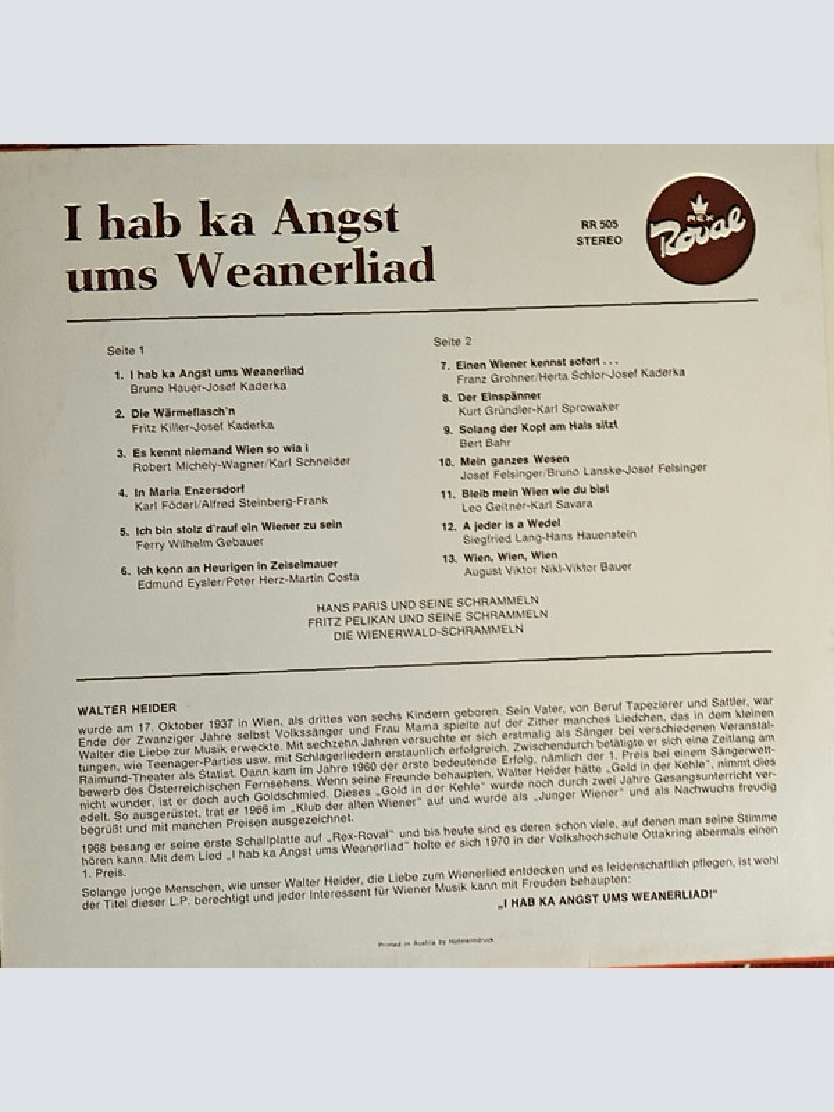 Vinyl / Walter Heider - I Hab Ka Angst Ums Weanerliad