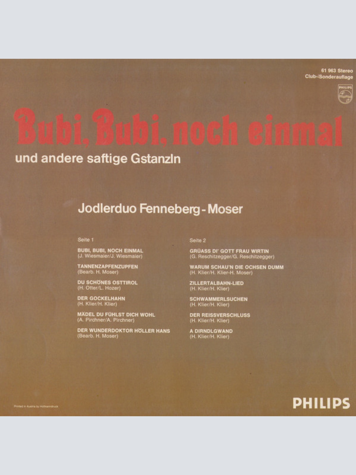 Vinyl / Duo Fenneberg-Moser - Bubi, Bubi, Noch Einmal (Und Andere Saftige Gstanzln)