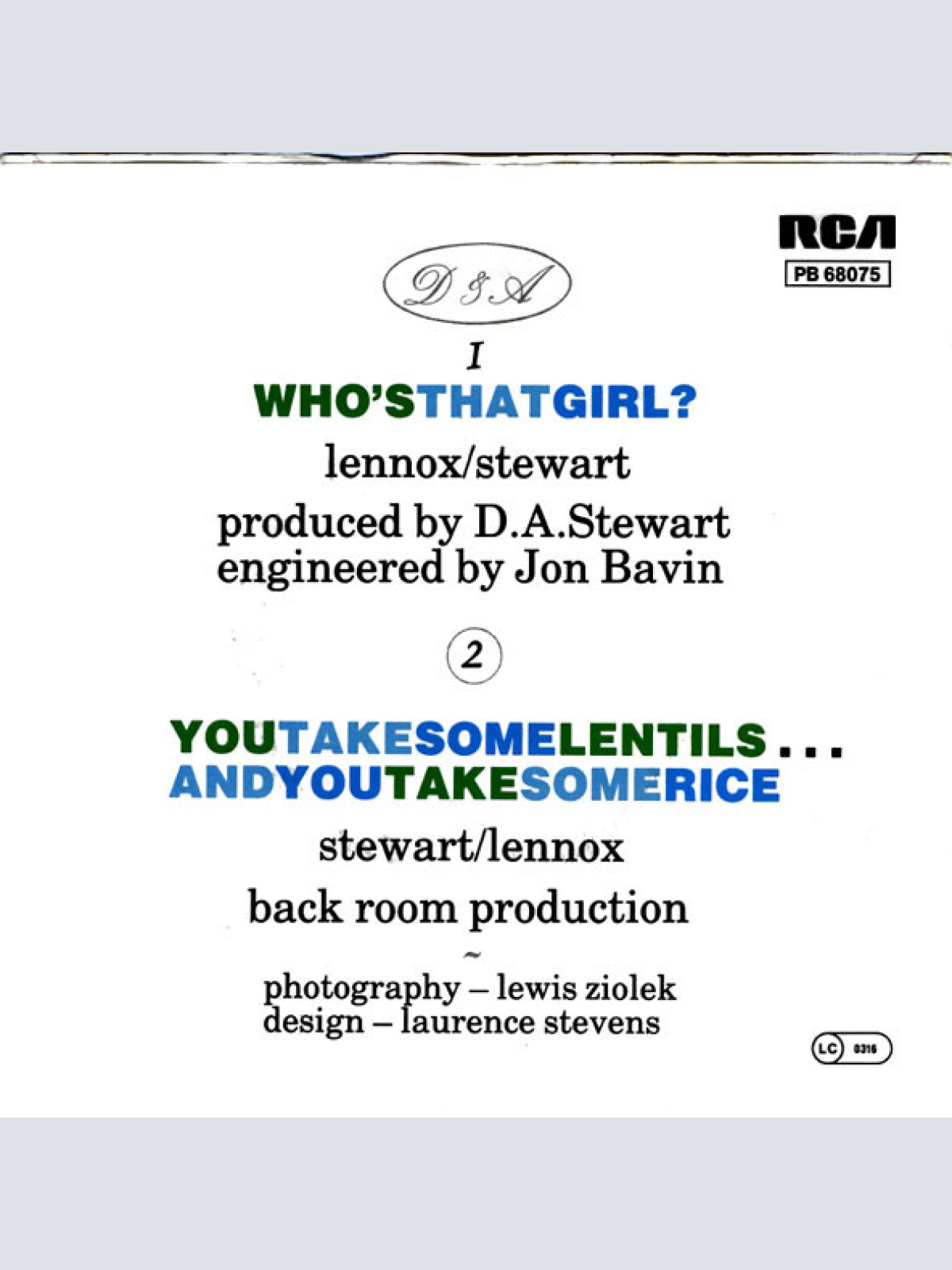 Vinyl / Eurythmics - Who's That Girl?