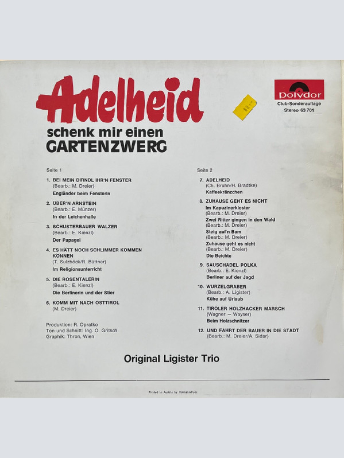 Vinyl / Original Ligister Trio - Adelheid Schenk Mir Einen Gartenzwerg