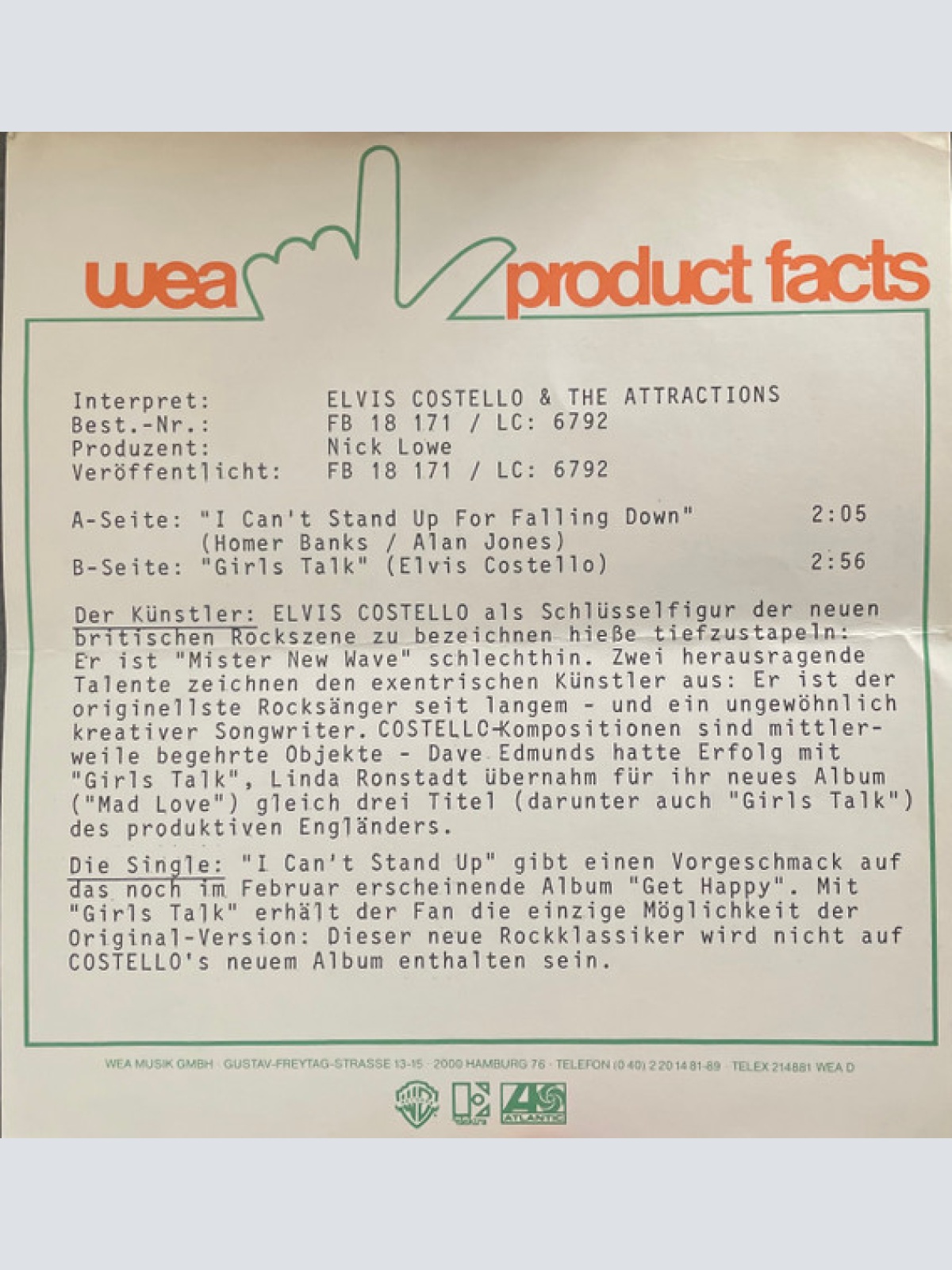 Vinyl / Elvis Costello And The Attractions* - I Can't Stand Up For Falling Down