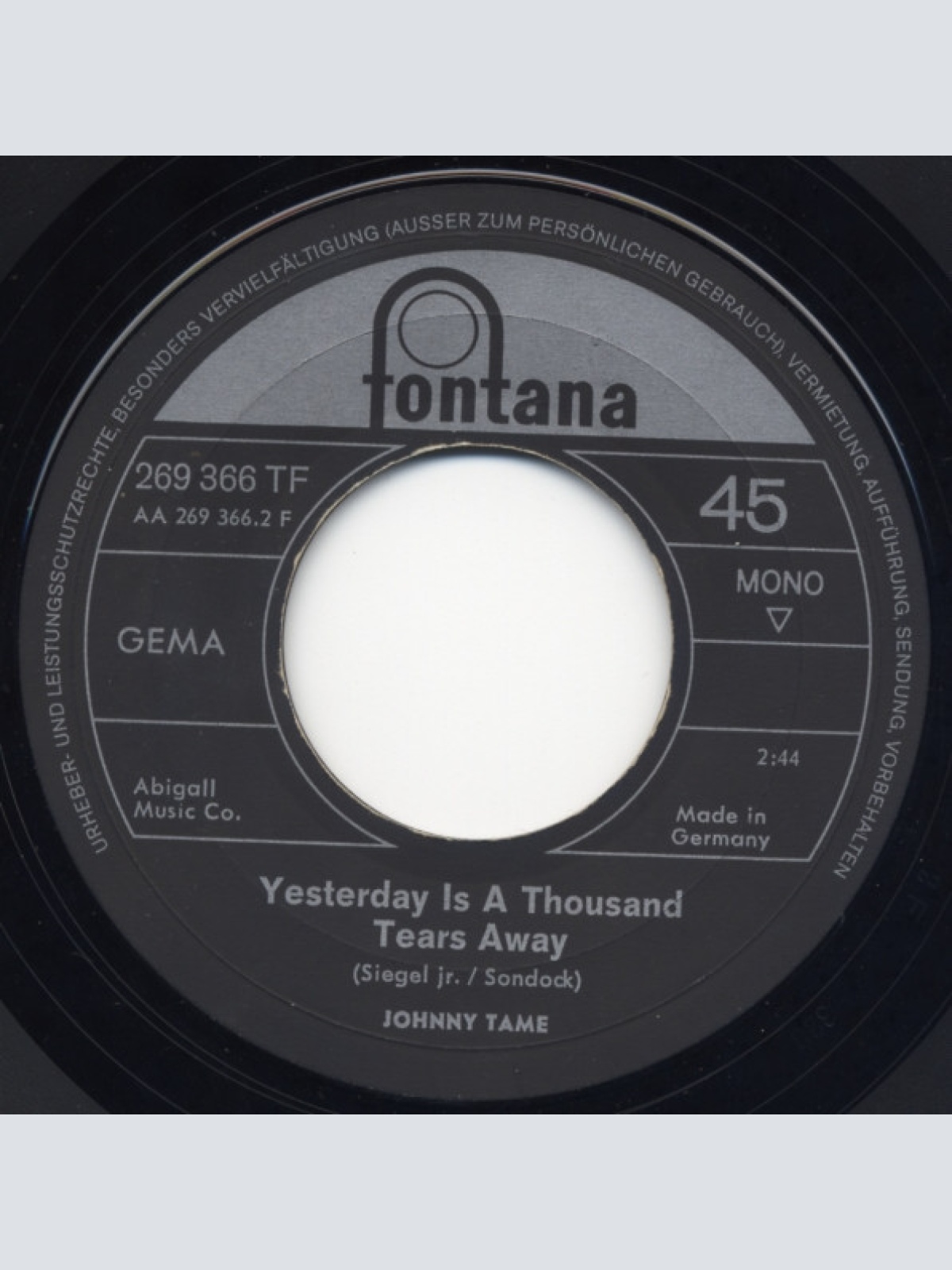 Vinyl / Johnny Tame -  A Lonely Stretch Of Nothing / Yesterday Is A Thousand Tears Away