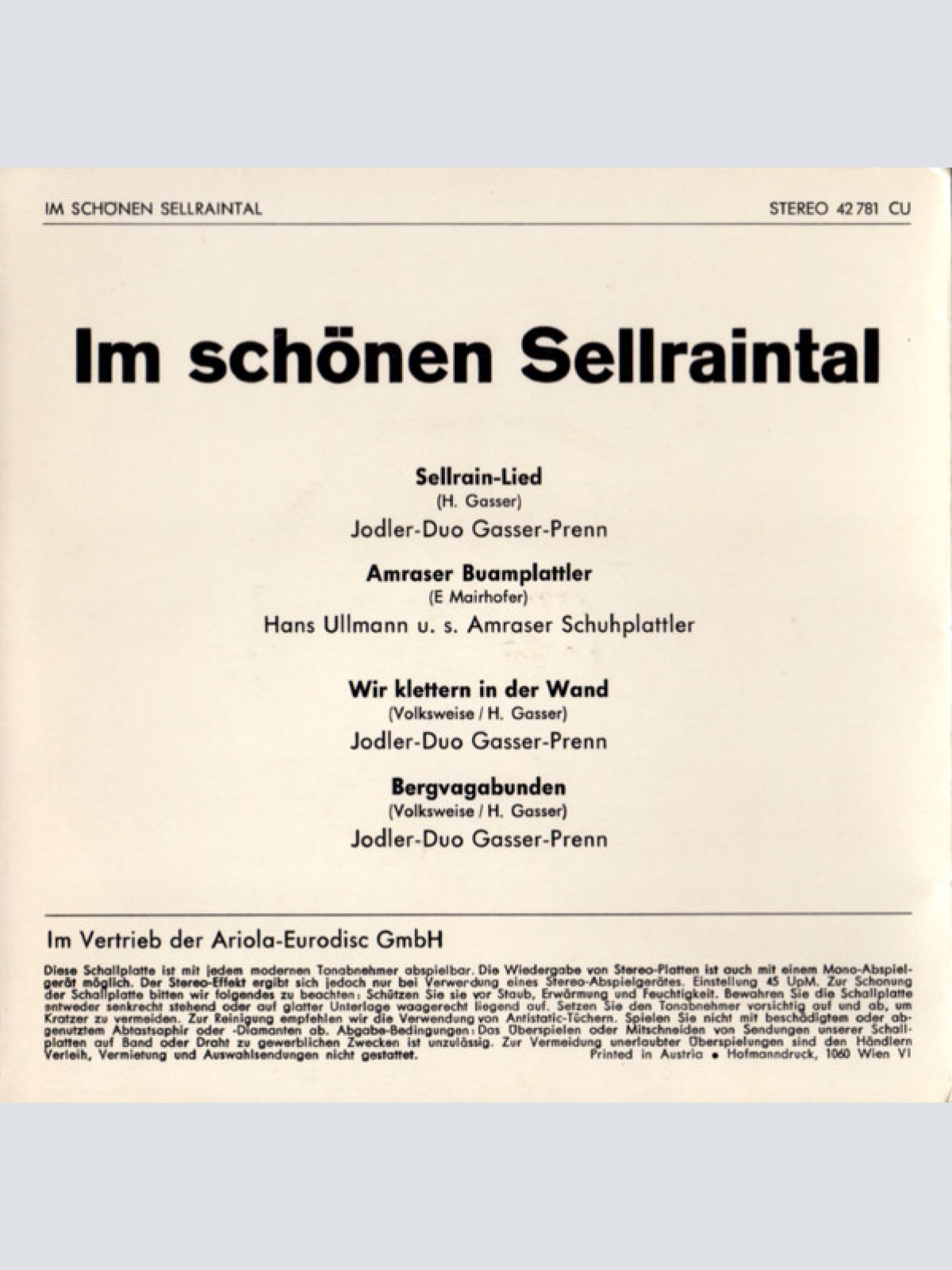 Vinyl / Jodler-Duo Gasser-Prenn* - Im Schönen Sellraintal