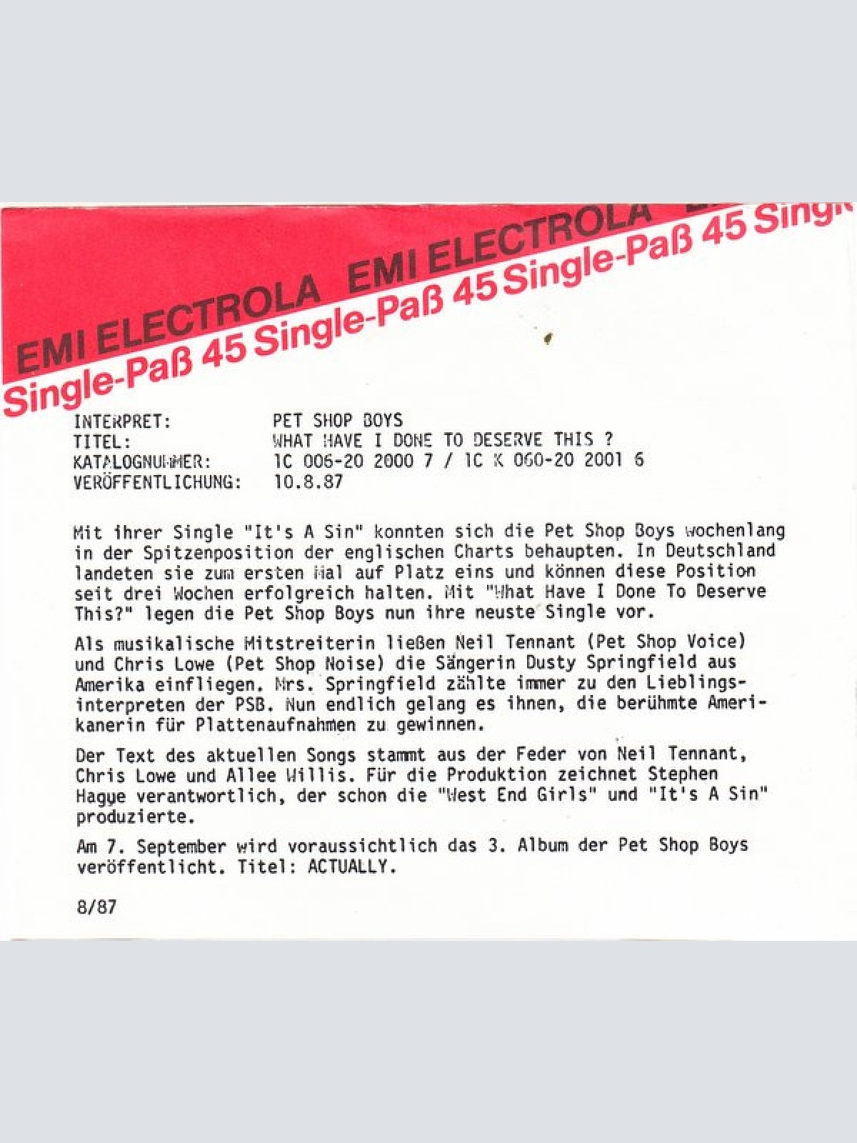 Vinyl / Pet Shop Boys With Dusty Springfield - What Have I Done To Deserve This?