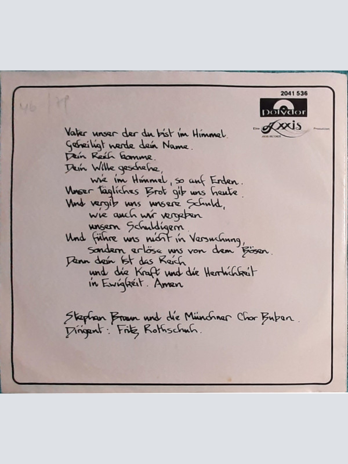 Vinyl / Stephan Braun (4) Und Die Münchner Chor Buben*, Fritz Rothschuh - Vater Unser