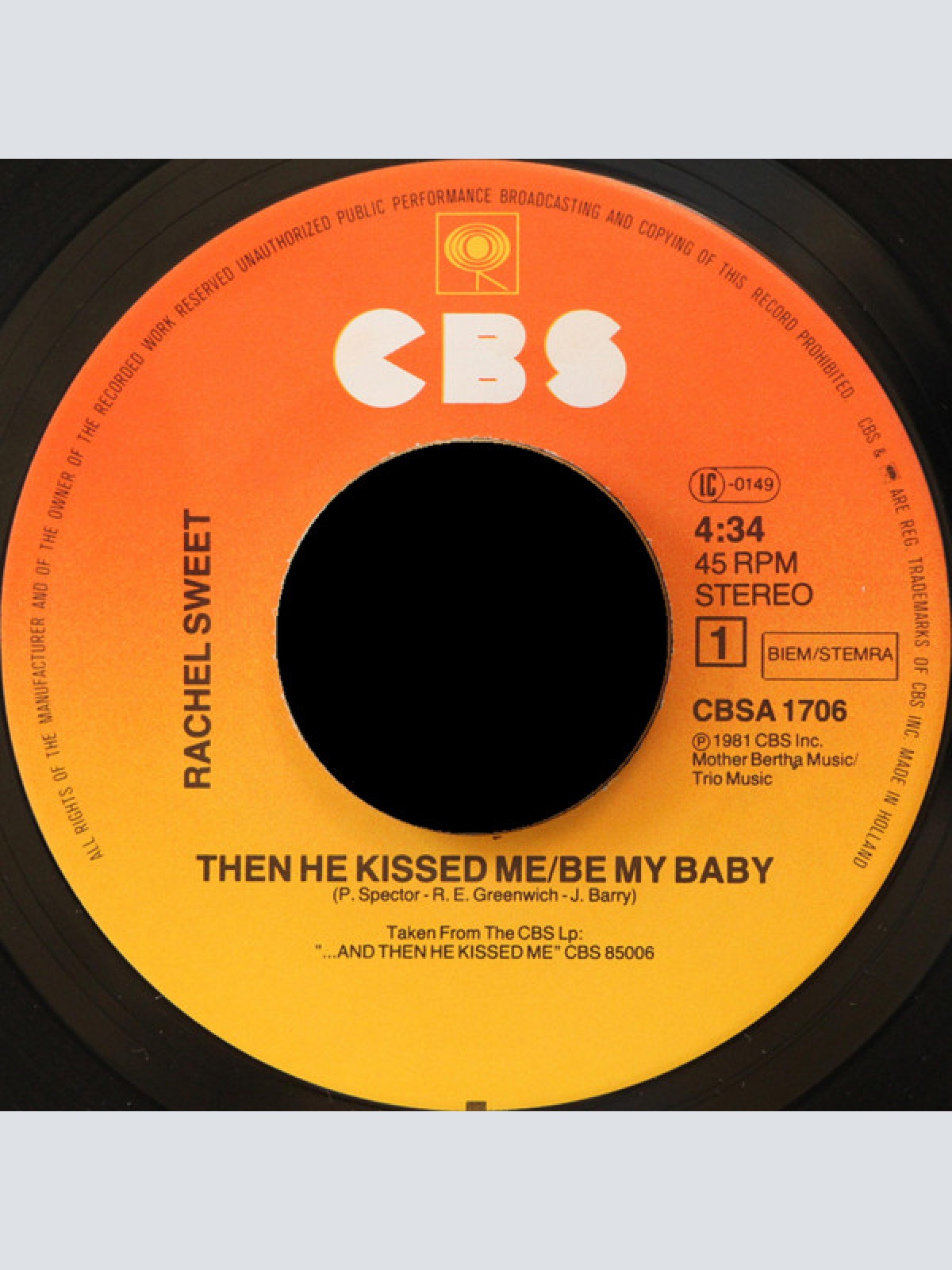 Vinyl / Rachel Sweet - Then He Kissed Me - Be My Baby