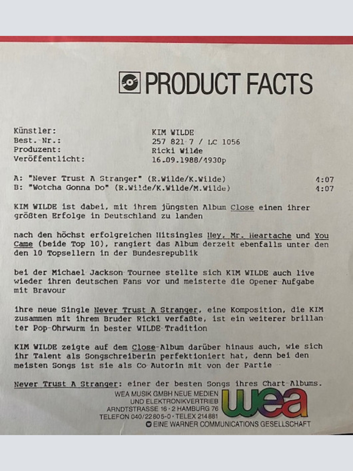 Vinyl / Kim Wilde - Never Trust A Stranger