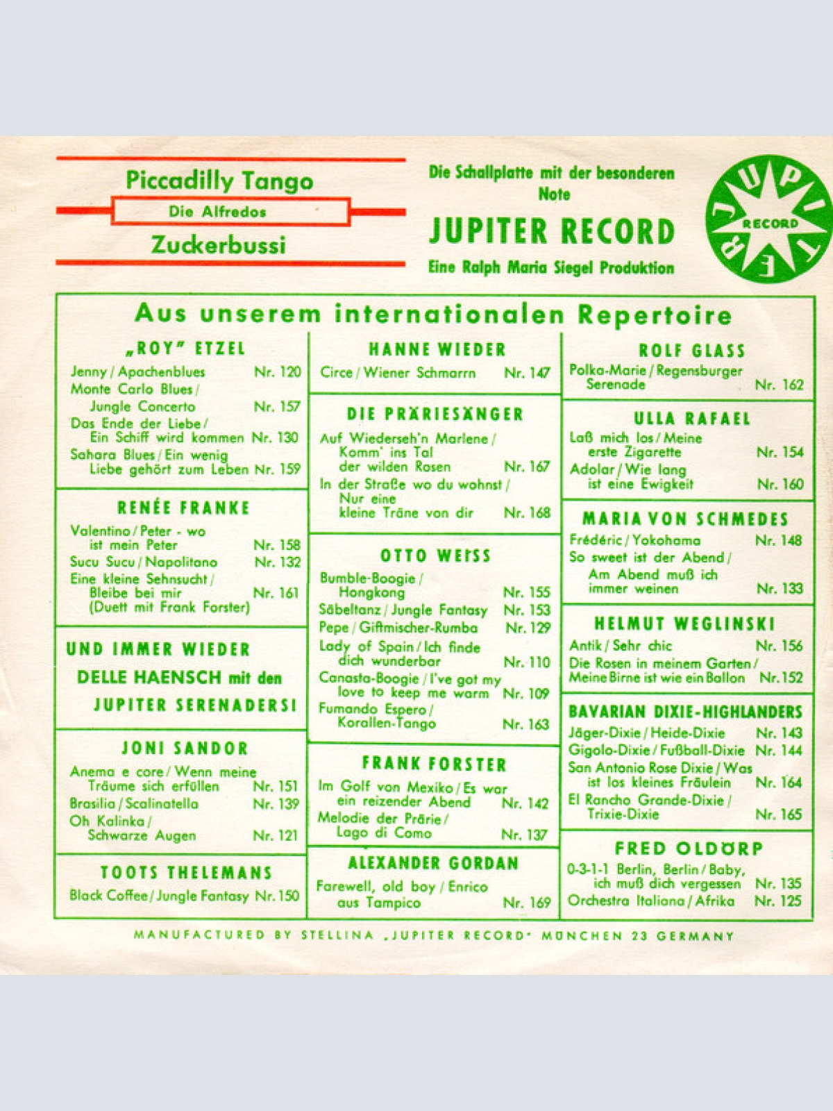 Vinyl / Die Alfredos - Piccadilly Tango / Zuckerbussi