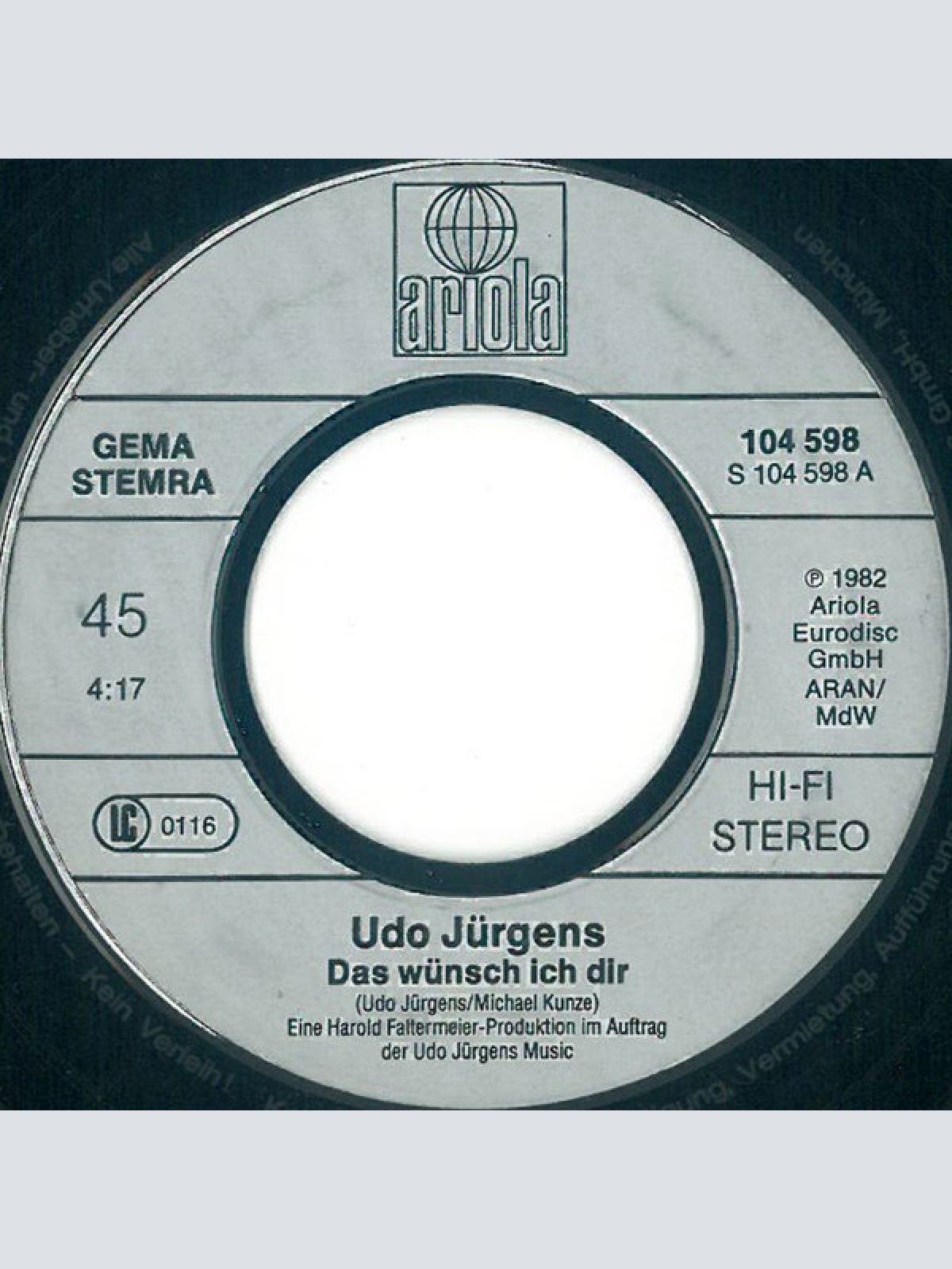 Vinyl / Udo Jürgens - Das Wünsch Ich Dir / Ich War Noch Niemals In New York