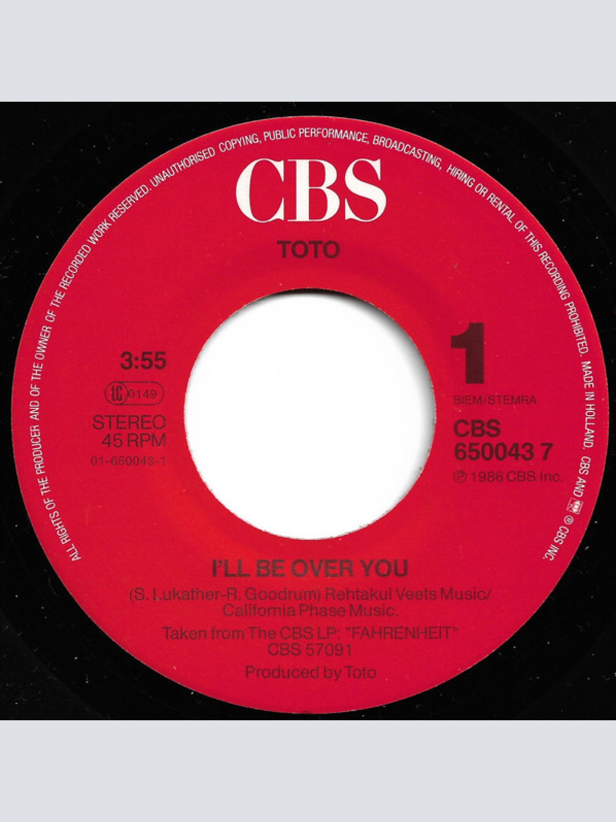 Vinyl / Toto - I'll Be Over You