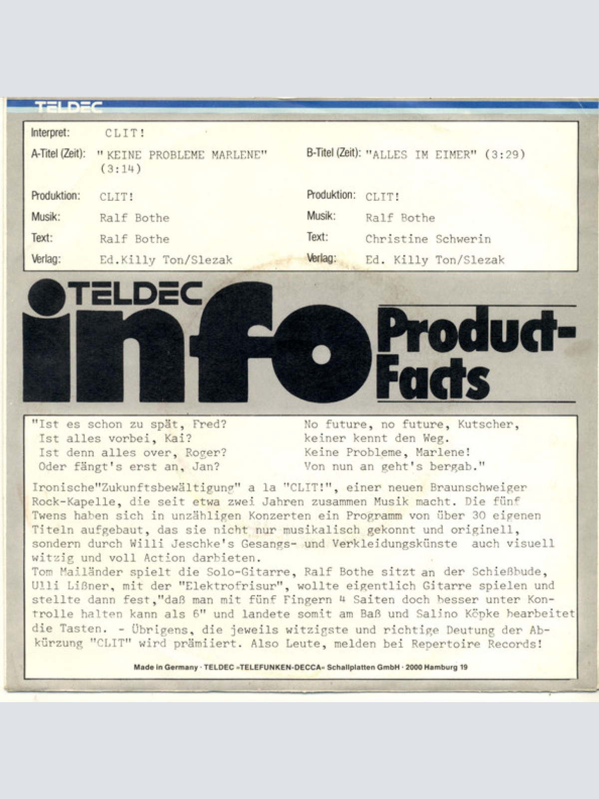 Vinyl / Clit!* - Keine Probleme Marlene