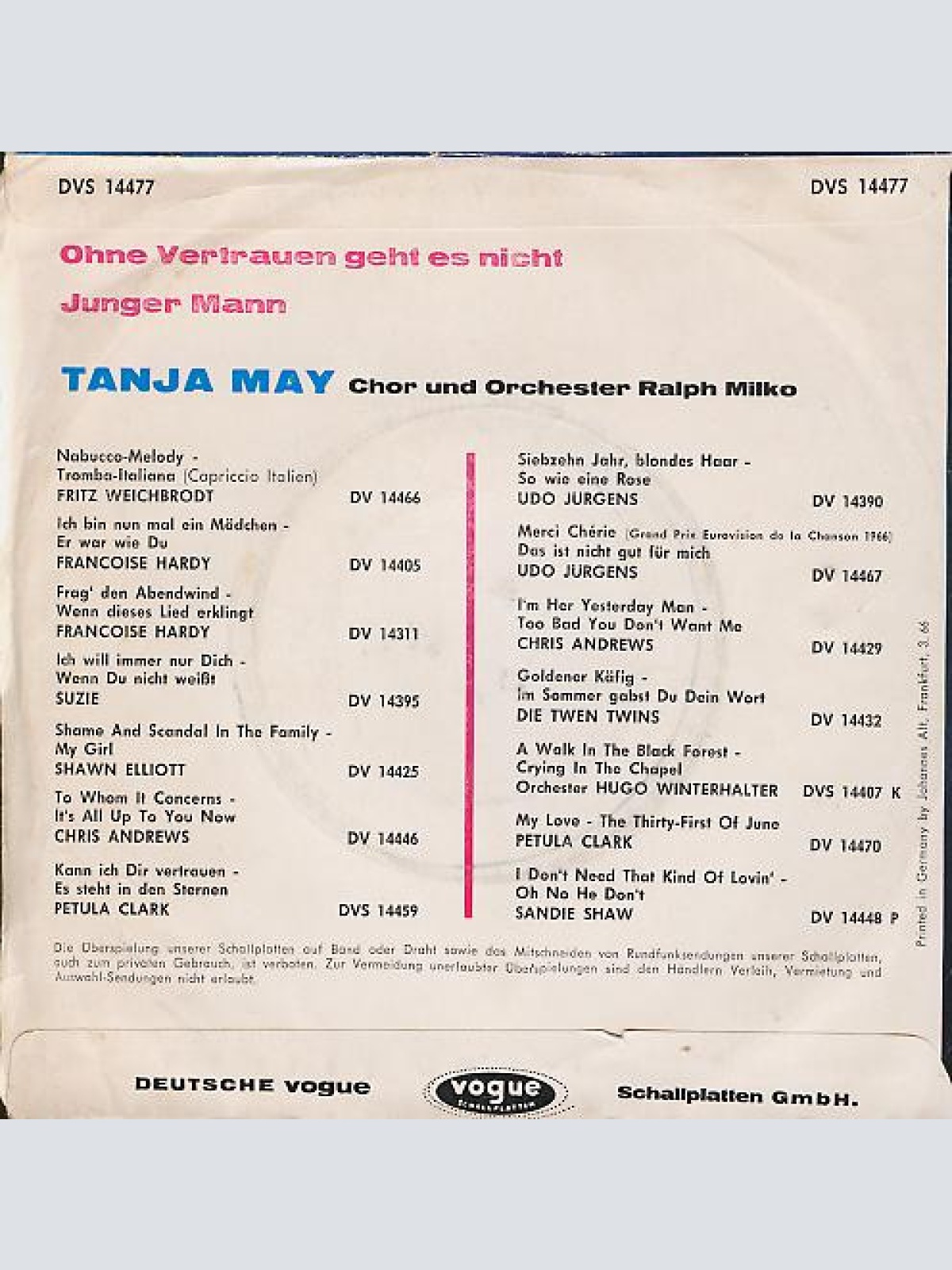 Vinyl / Tanja May - Ohne Vertrauen Geht Es Nicht / Junger Mann