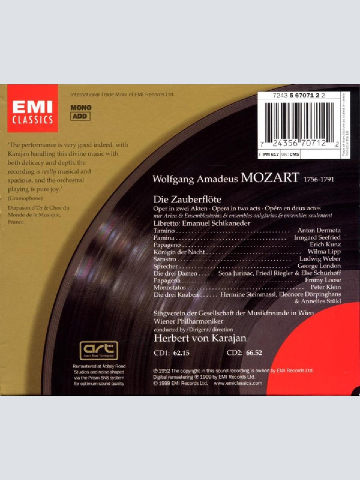CD / Mozart* - Dermota* ∙ Seefried* ∙ Kunz* ∙ Lipp* ∙ Weber* ∙ London* ∙ Singverein Der Gesellschaft Der Musikfreunde In Wien* ∙ Wiener Philharmoniker ∙ Herbert von Karajan - Die Zauberflöte