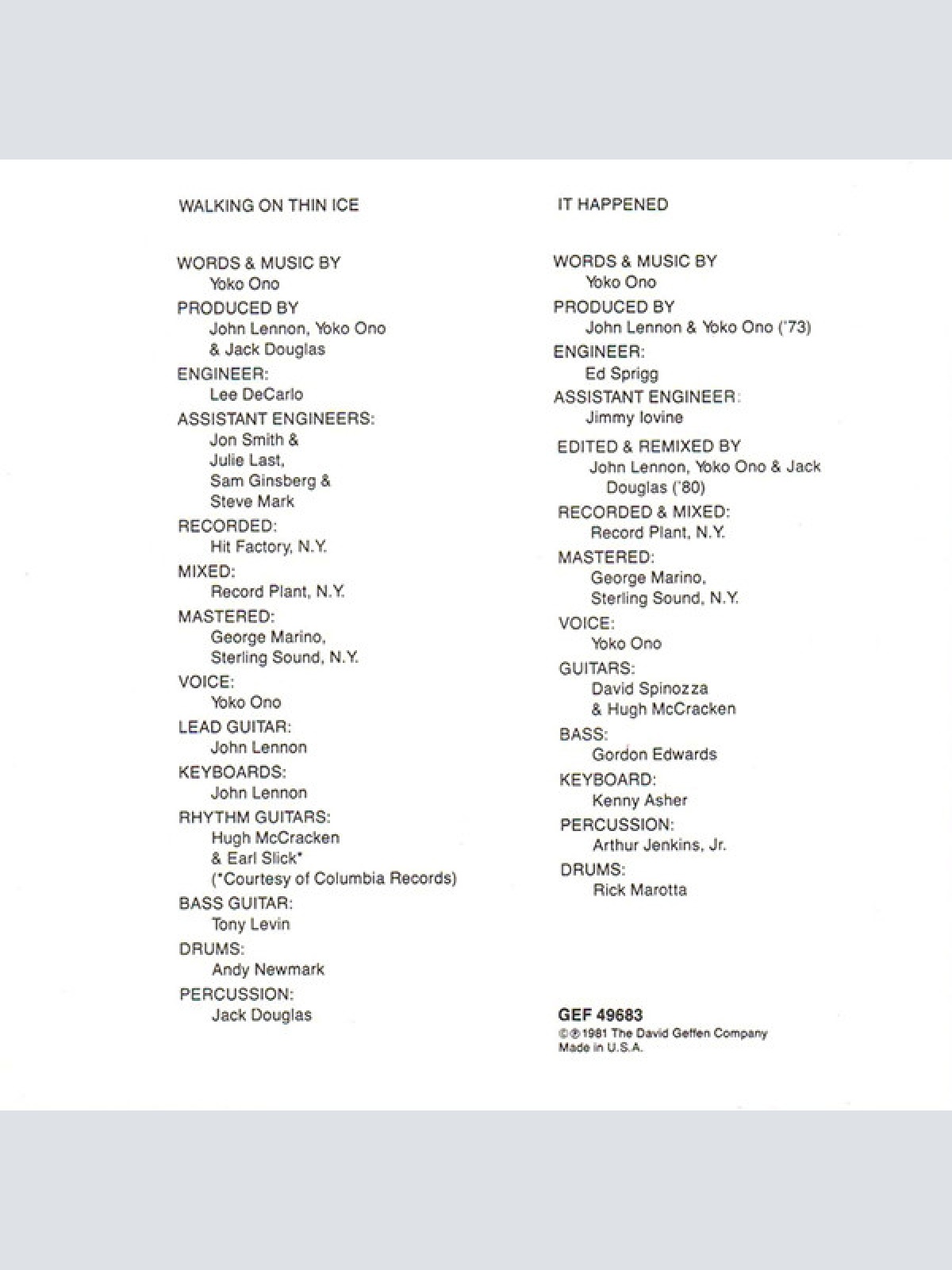 Vinyl / Yoko Ono - Walking On Thin Ice