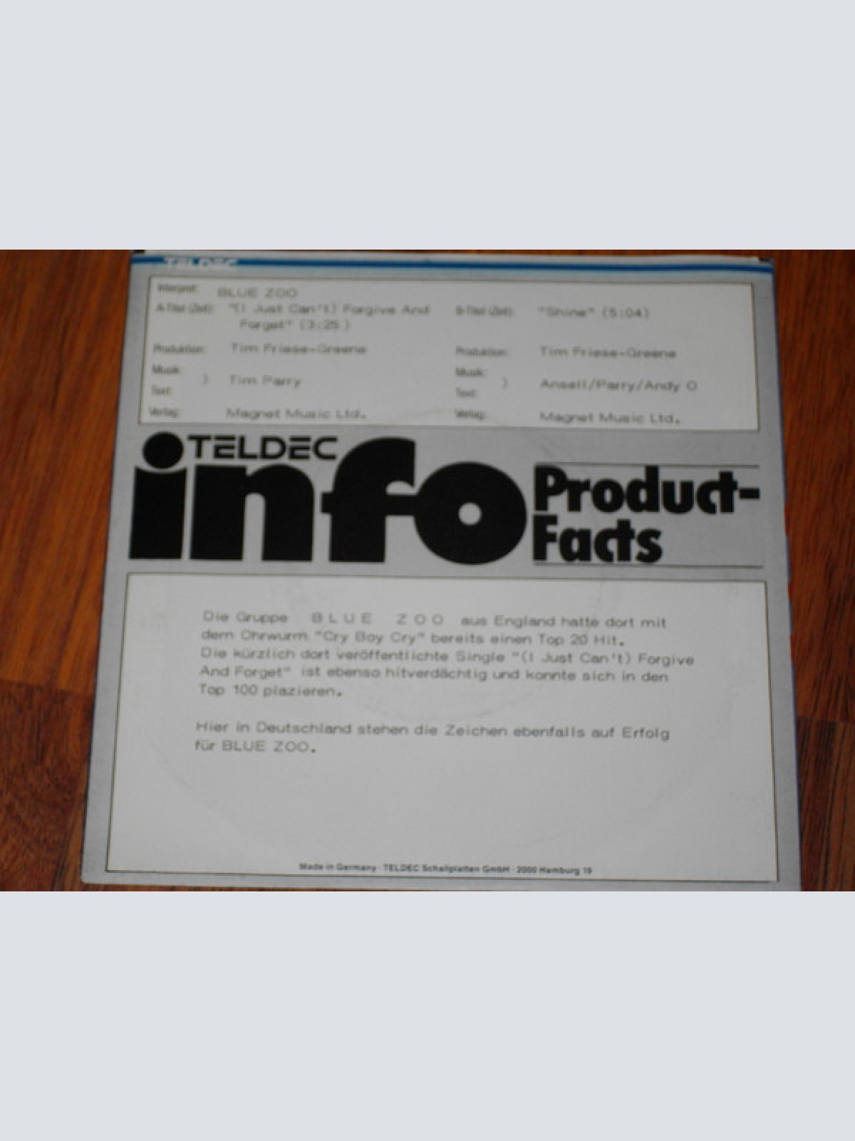 Vinyl / Blue Zoo - (I Just Can't) Forgive And Forget