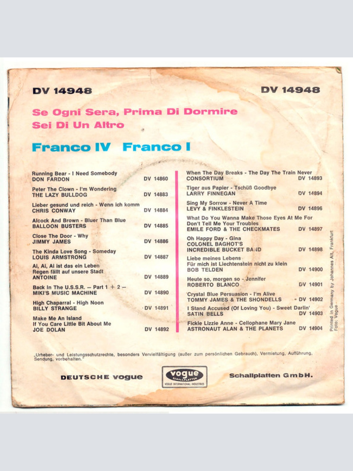 Vinyl / Franco IV Franco I* - Se Ogni Sera, Prima Di Dormire / Sei Di Un Altro