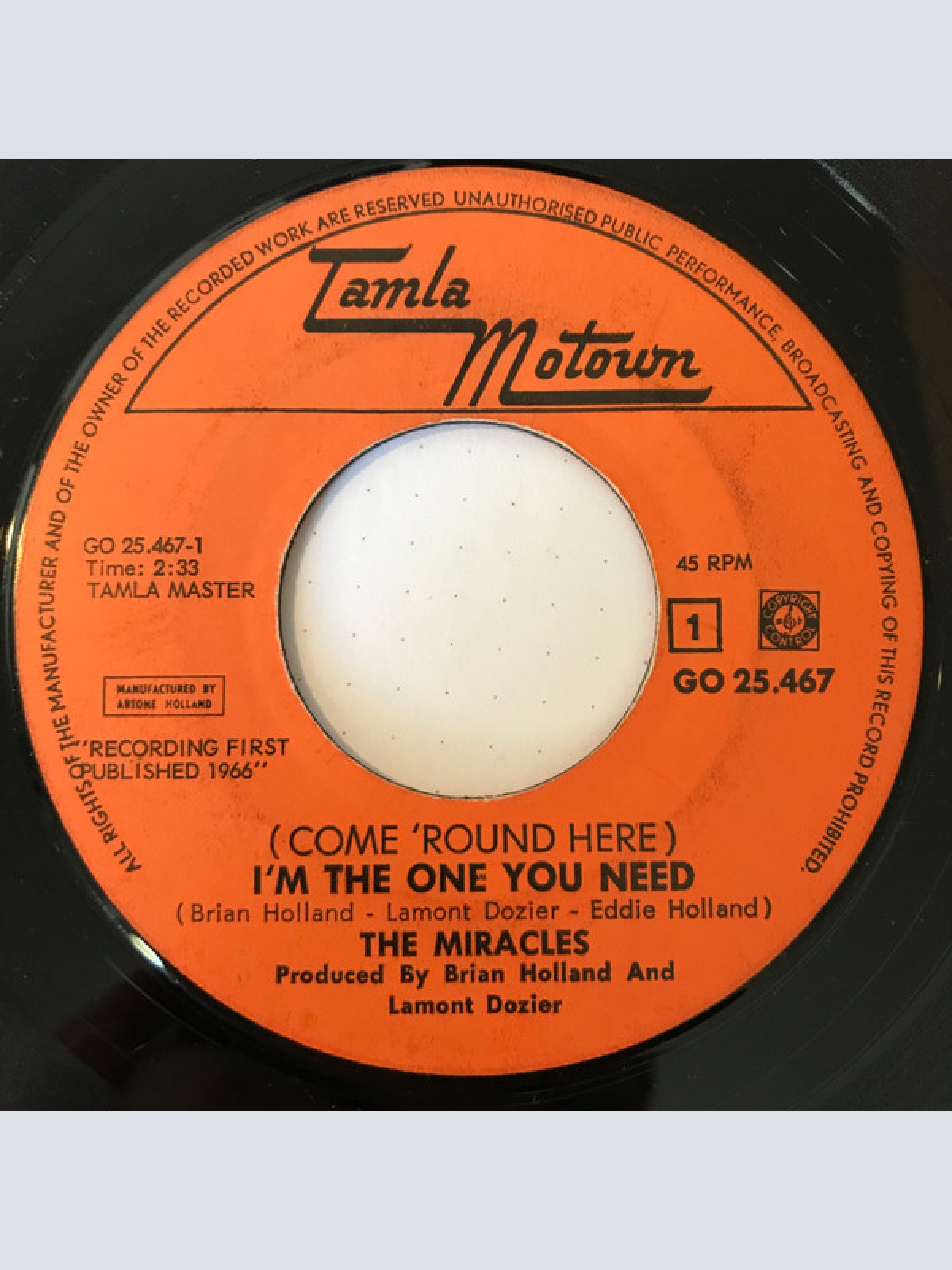 Vinyl / The Miracles - I'm The One You Need / Save Me