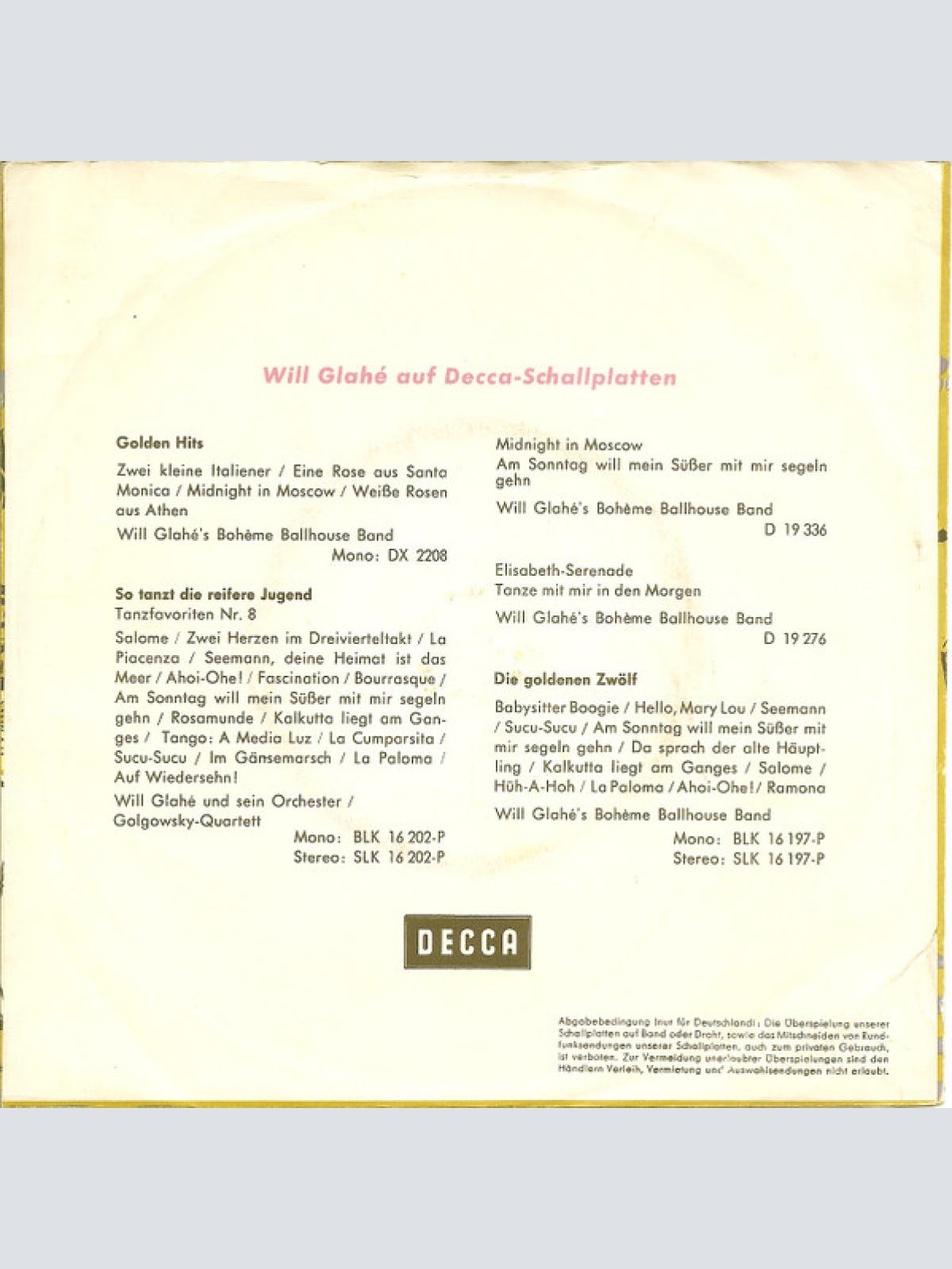 Vinyl / Will Glahé's Boheme Ballhouse Band - Casanova Baciami / Junge, Komm Bald Wieder