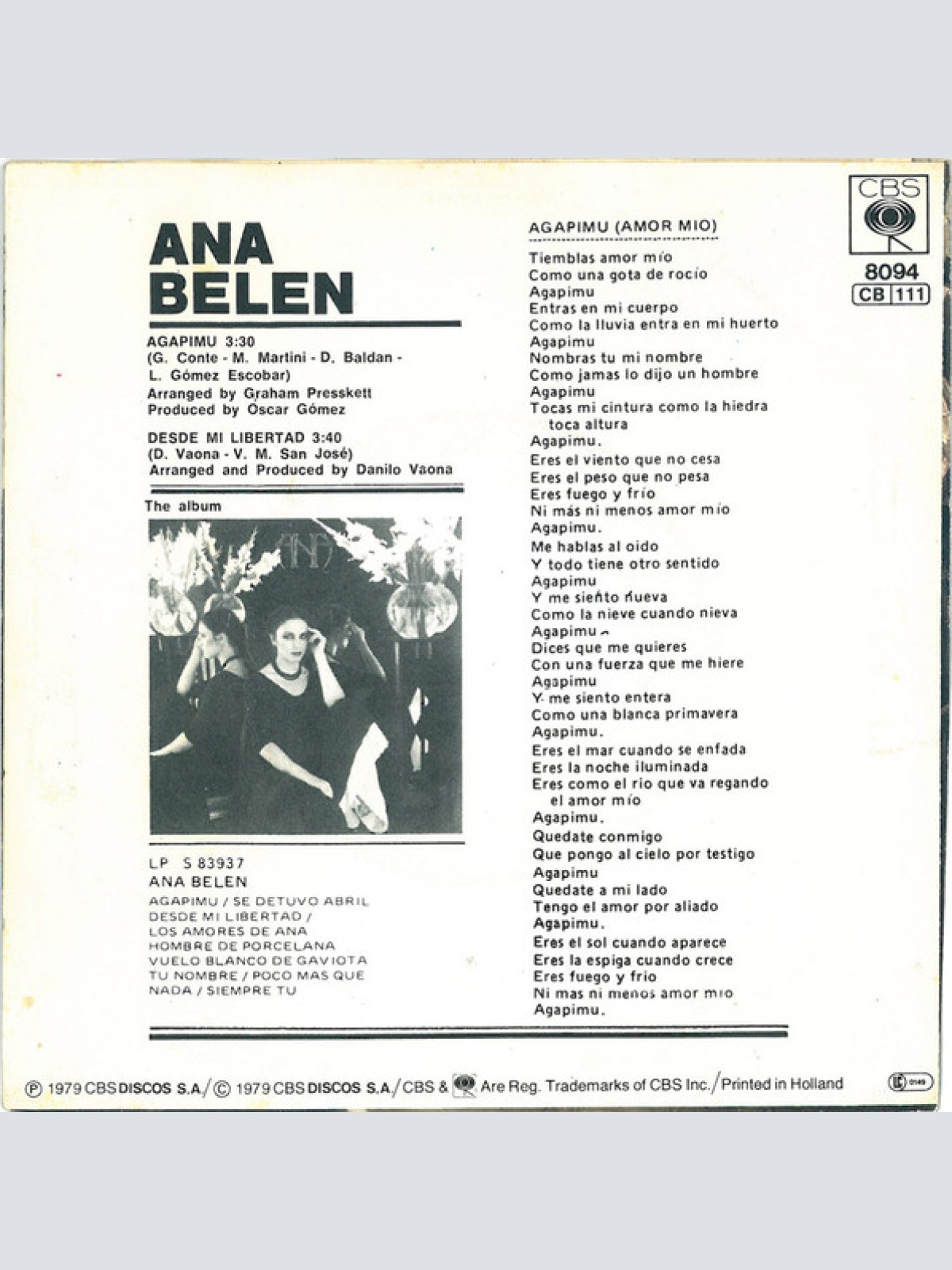 Vinyl / Ana Belen* - Agapimu