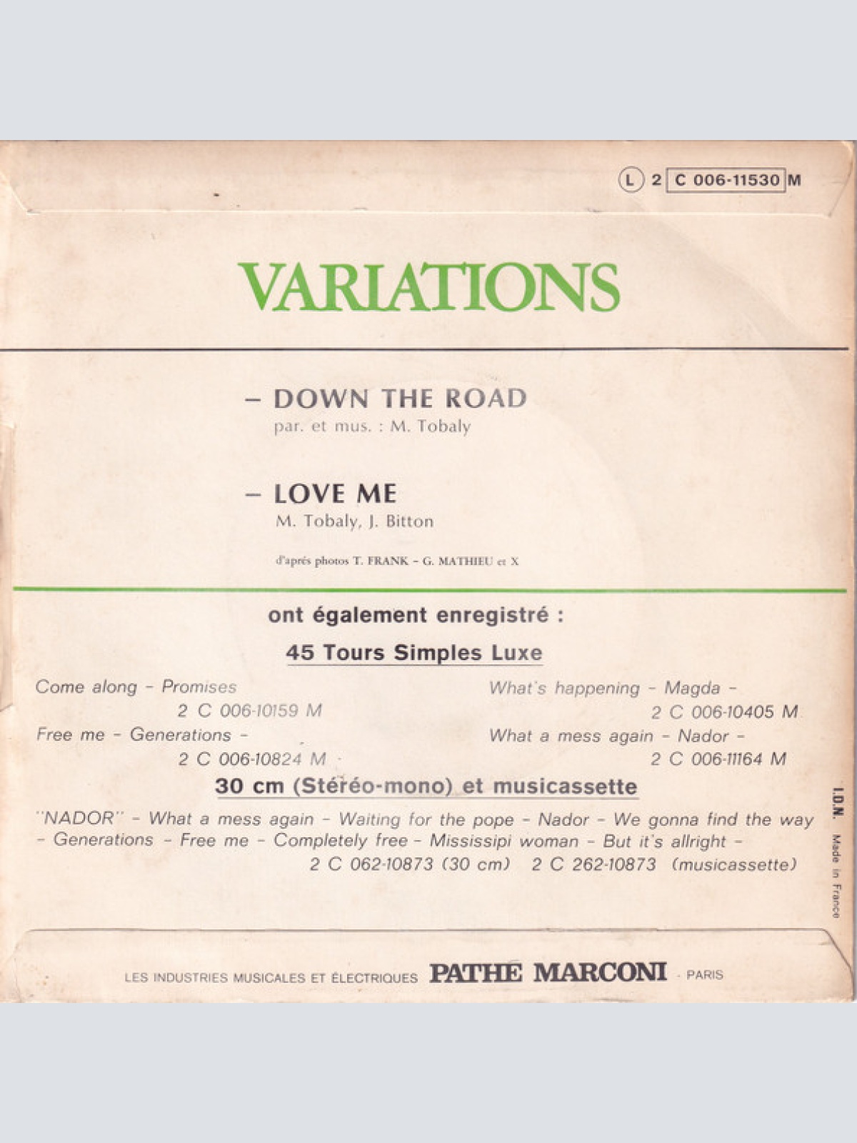 Vinyl / Variations (2) - Down The Road / Love Me