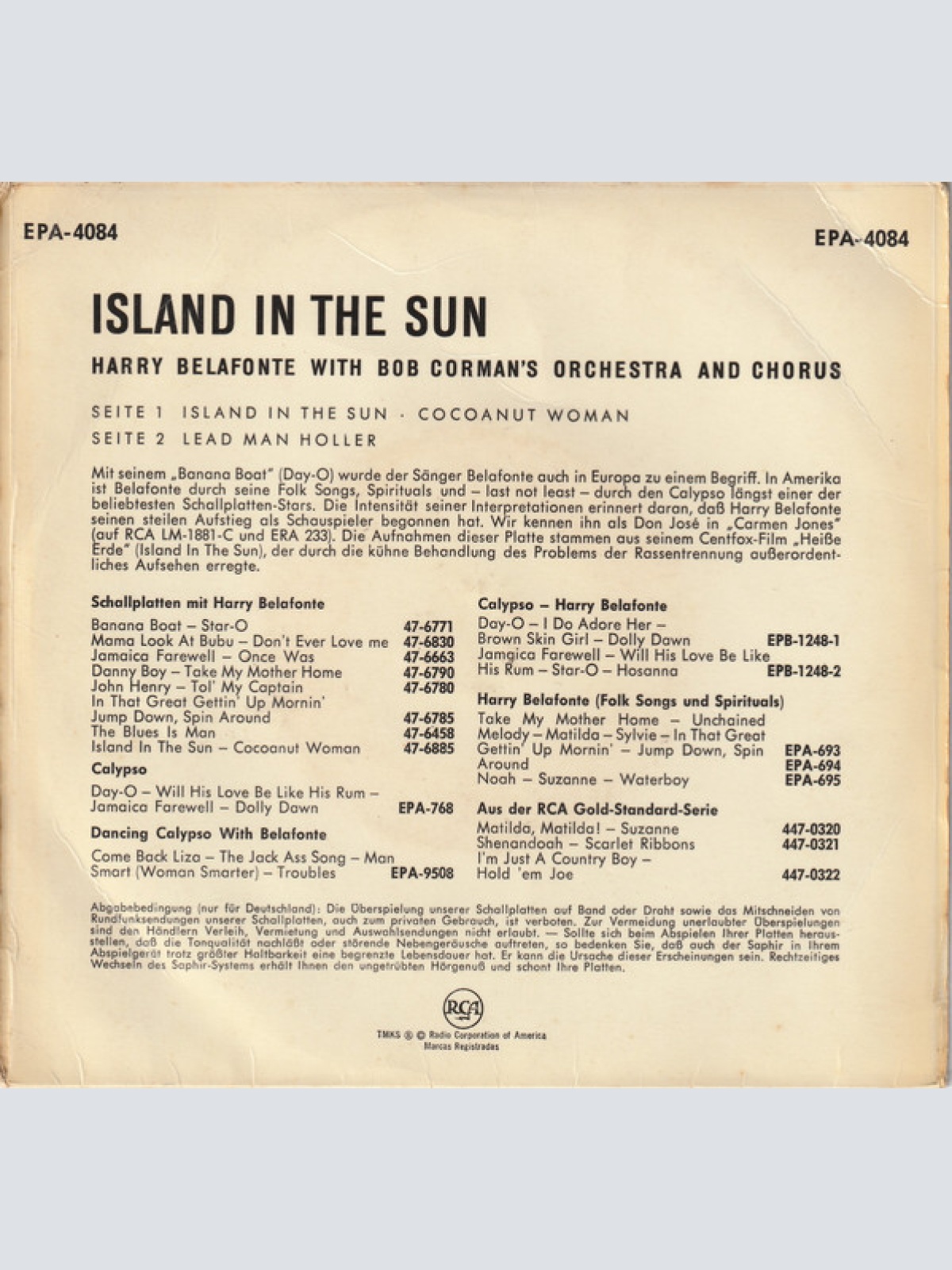 Vinyl / Harry Belafonte - Island In The Sun (Musik Aus Dem Centfox-Film "Heisse Erde")