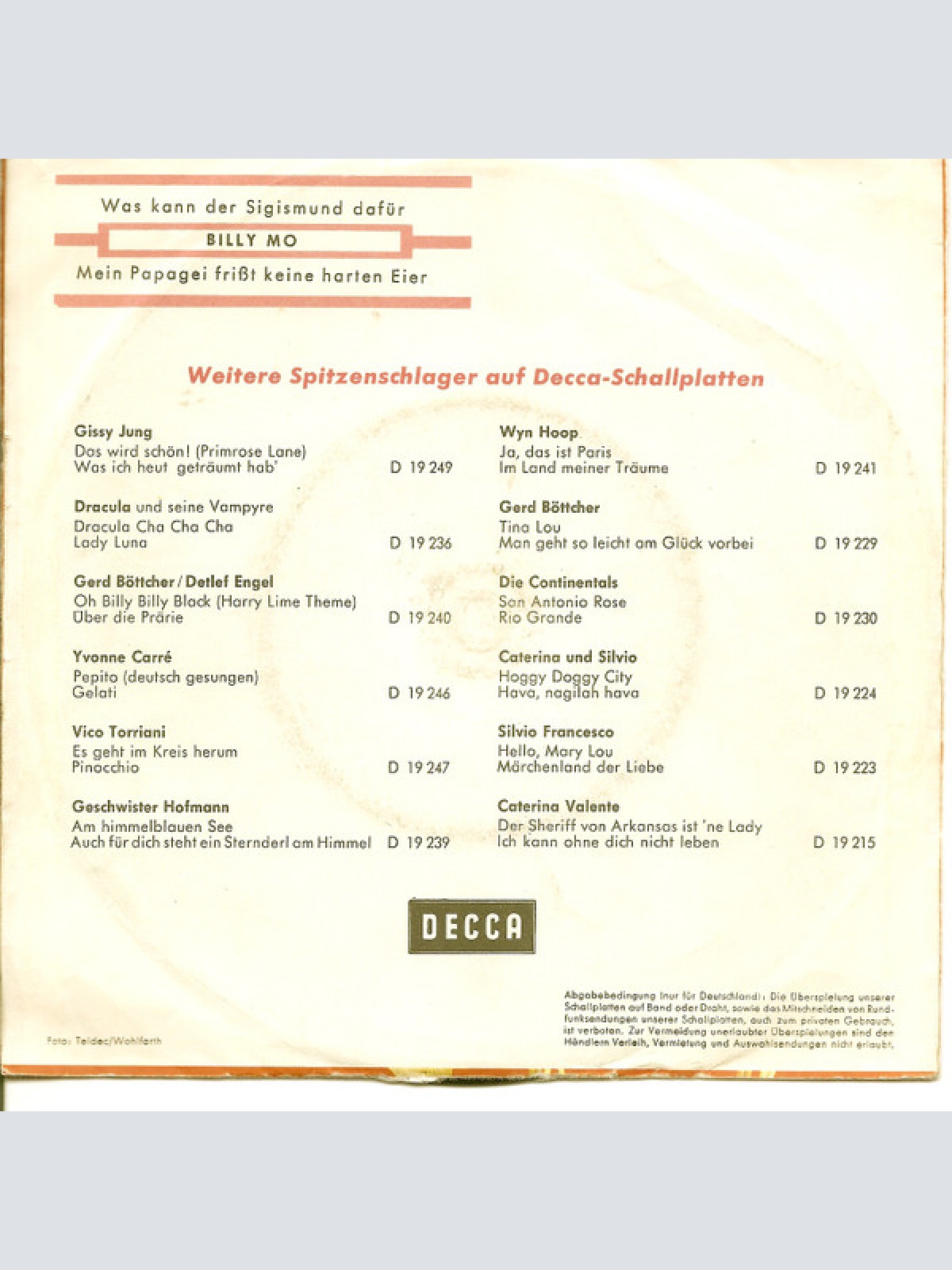 Vinyl / Billy Mo - Was Kann Der Sigismund Dafür