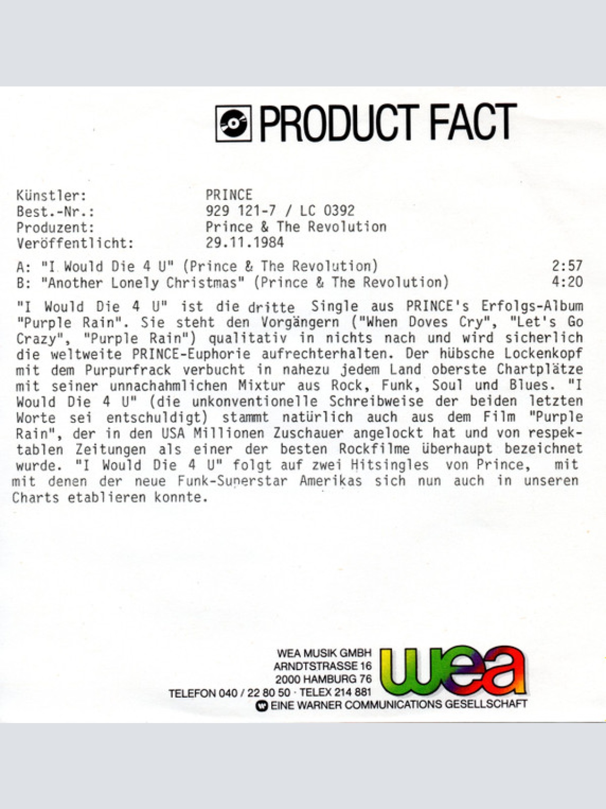 Vinyl / Prince And The Revolution - I Would Die 4 U