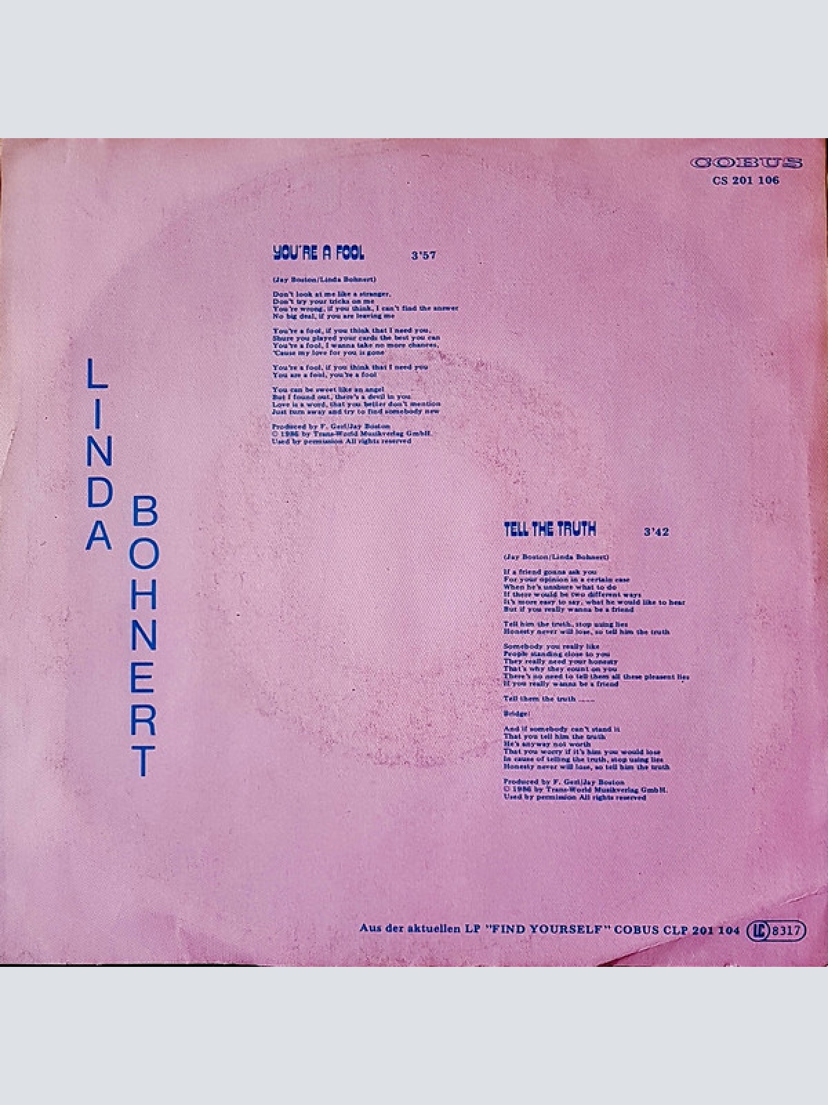 Vinyl / Linda Bohnert - You're A Fool