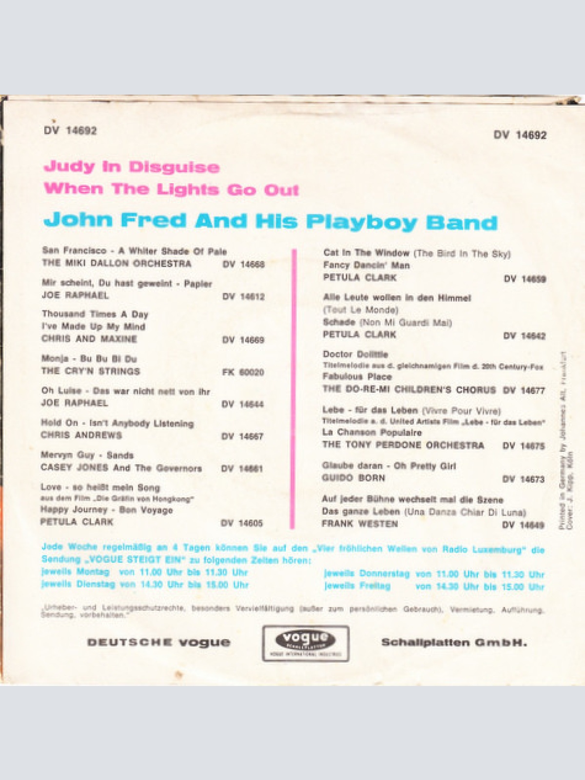 Vinyl / John Fred And His Playboy Band* - Judy In Disguise / When The Lights Go Out
