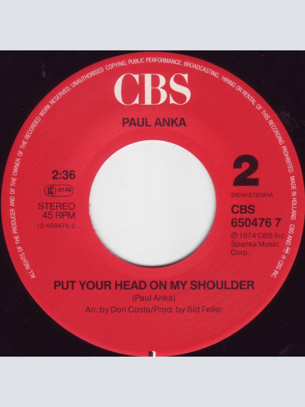 Vinyl / Paul Anka - Diana / Put Your Head On My Shoulder