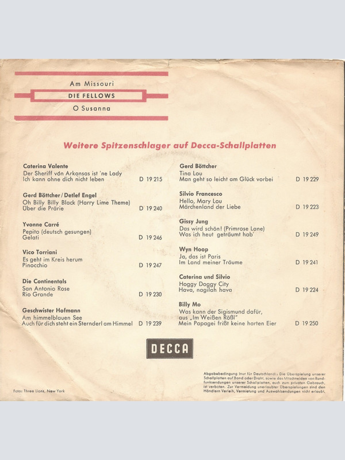 Vinyl / Die Fellows - Am Missouri / Oh, Susanna