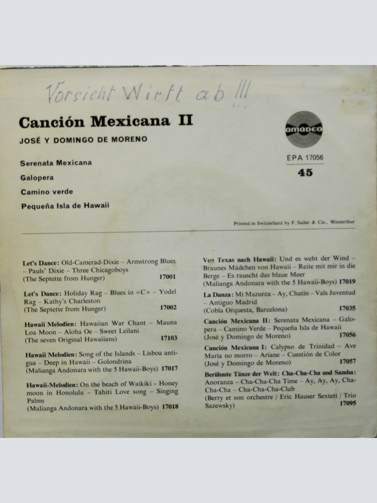 Vinyl / Jose Y Domingo De Moreno - Cancion Mexicana II