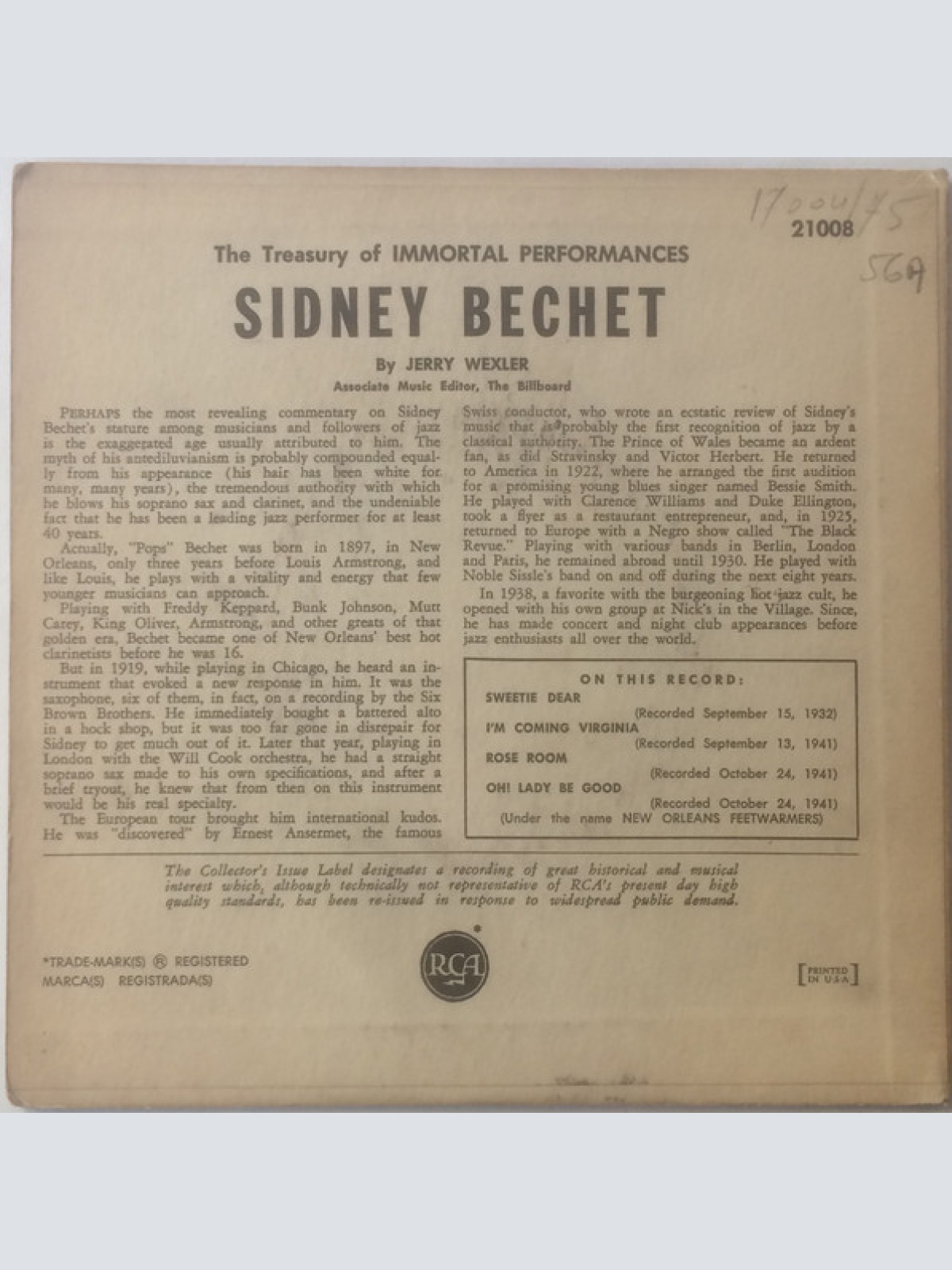 Vinyl / Sidney Bechet And His New Orleans Feetwarmers - A Treasury Of Immortal Performances