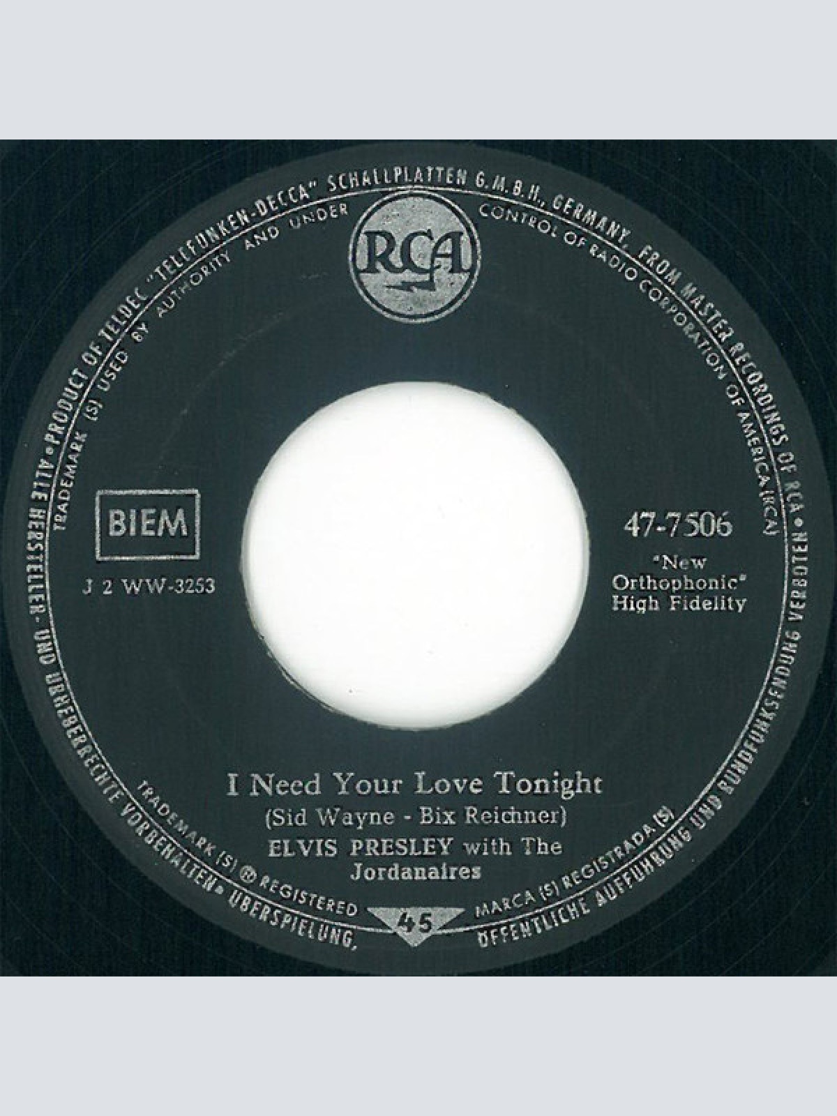 Vinyl / Elvis Presley With The Jordanaires - I Need Your Love Tonight