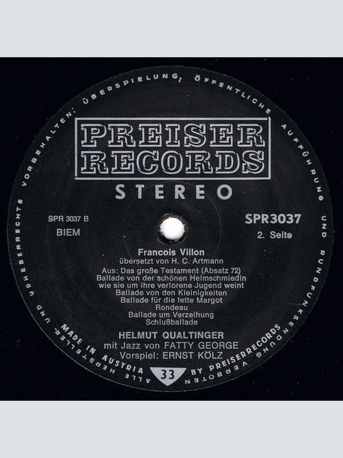 Vinyl / Villon* – Artmann*, Qualtinger*, Fatty George - Villon Übersetzt Von Artmann Gesprochen Von Qualtinger Mit Jazz Von Fatty George