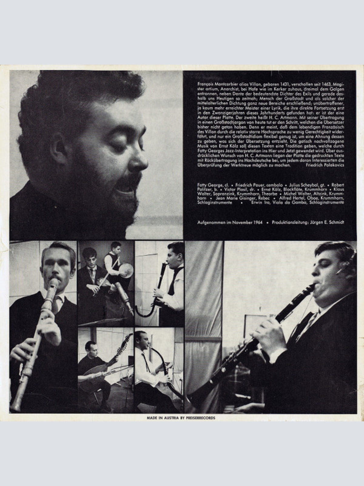 Vinyl / Villon* – Artmann*, Qualtinger*, Fatty George - Villon Übersetzt Von Artmann Gesprochen Von Qualtinger Mit Jazz Von Fatty George