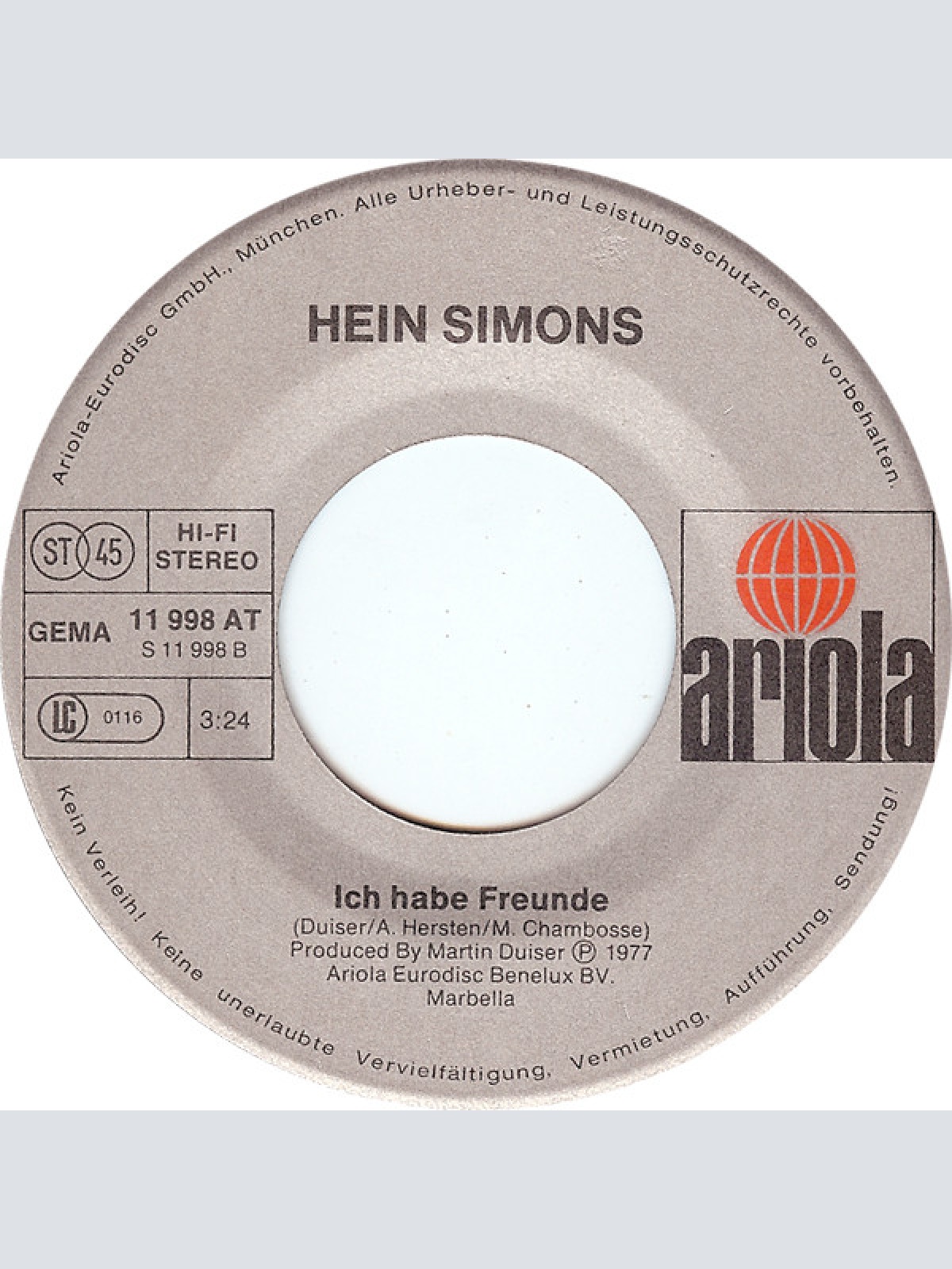 Vinyl / Hein Simons - Und Das Alles Nur, Weil Wir Uns Lieben / Ich Habe Freunde