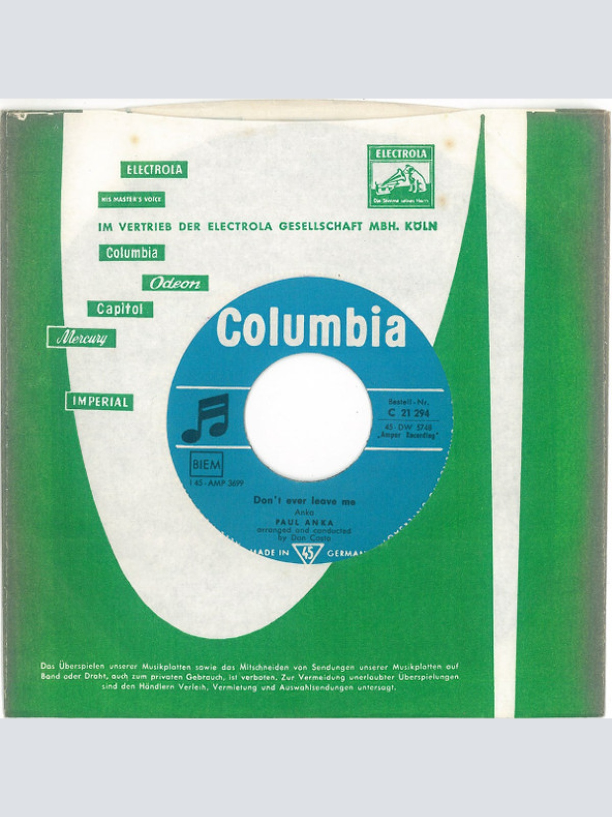 Vinyl / Paul Anka - Put Your Head On My Shoulder / Don't Ever Leave Me