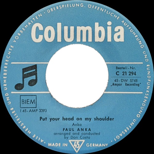 Vinyl / Paul Anka - Put Your Head On My Shoulder / Don't Ever Leave Me