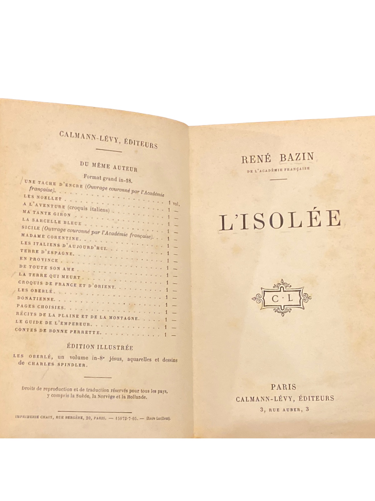 4317 René Bazin (académie francaise) L'ISOLÉE HC Paris