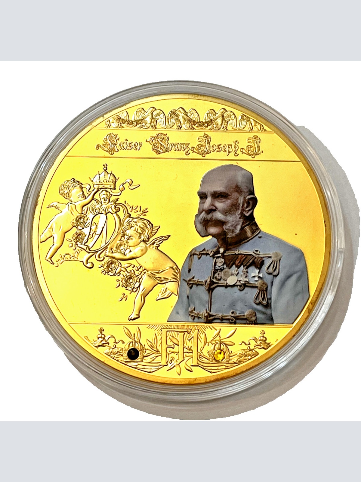 Kaiser Franz Josef Cu vergoldet mit 2 Swarowski Steinen Medaille PP R0020