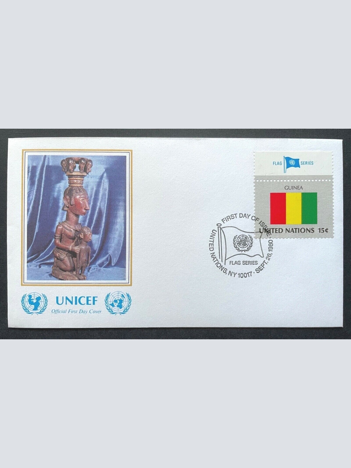 Brief Unicef FDC Flagge Guinea Bega Sculpture London ca.16,4x9,2cm 410297 PR