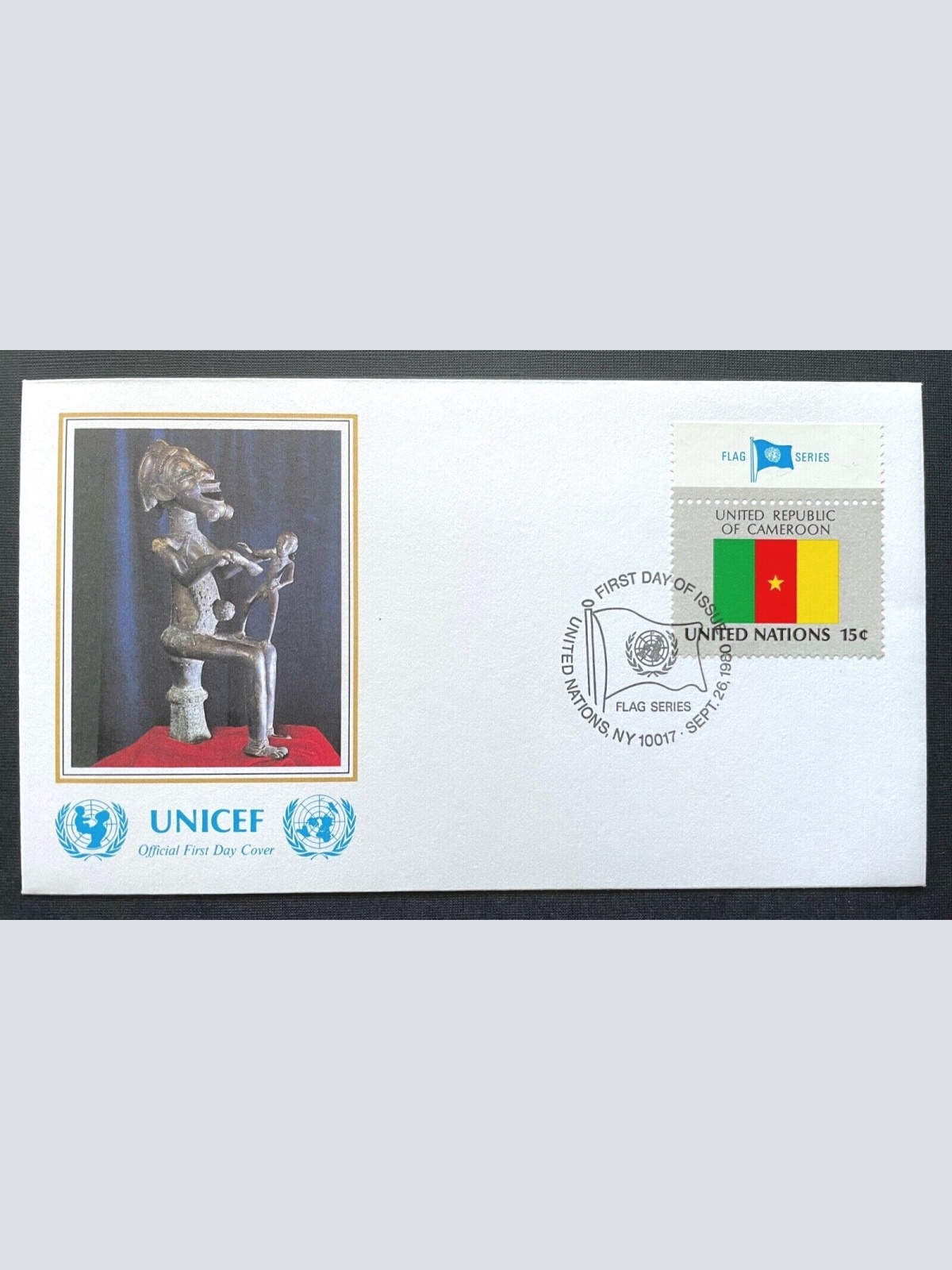 Brief Unicef FDC Flagge Cameroon Bamoun Sculpture NewYork ca16,4x9,2cm 410299 PR