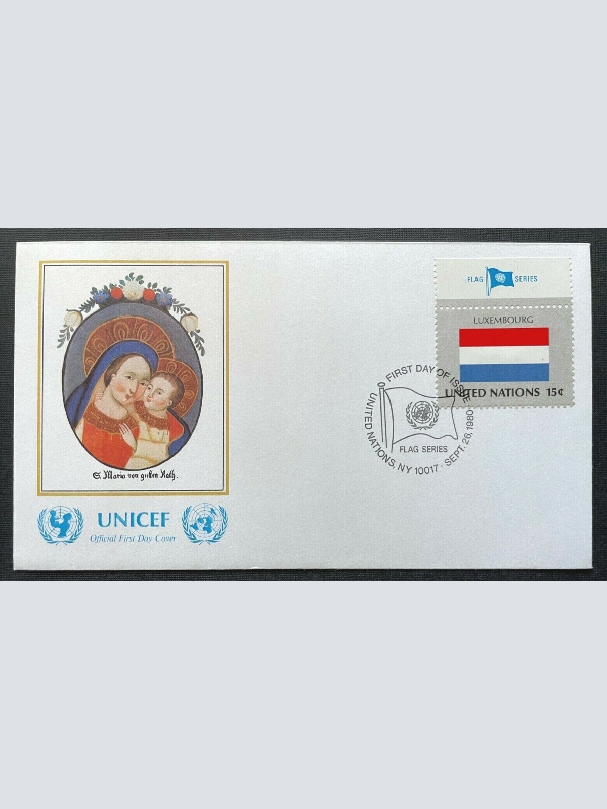 Brief Unicef FDC Flagge Luxemburg Gege Bon Conseil Maria ca.16,4x9,3cm 410314 PR