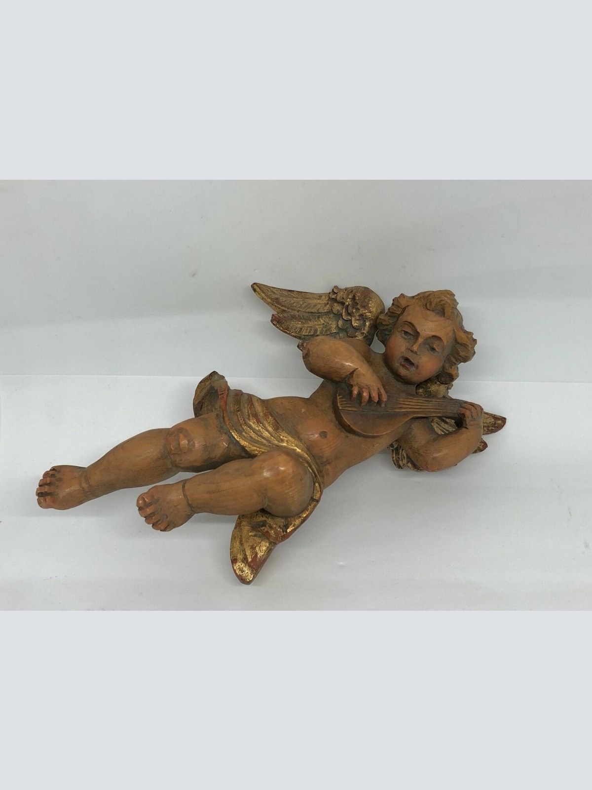 Holzengel Musikinstrument um 1950 oder früher Blattgold ca. 22 cm 25433